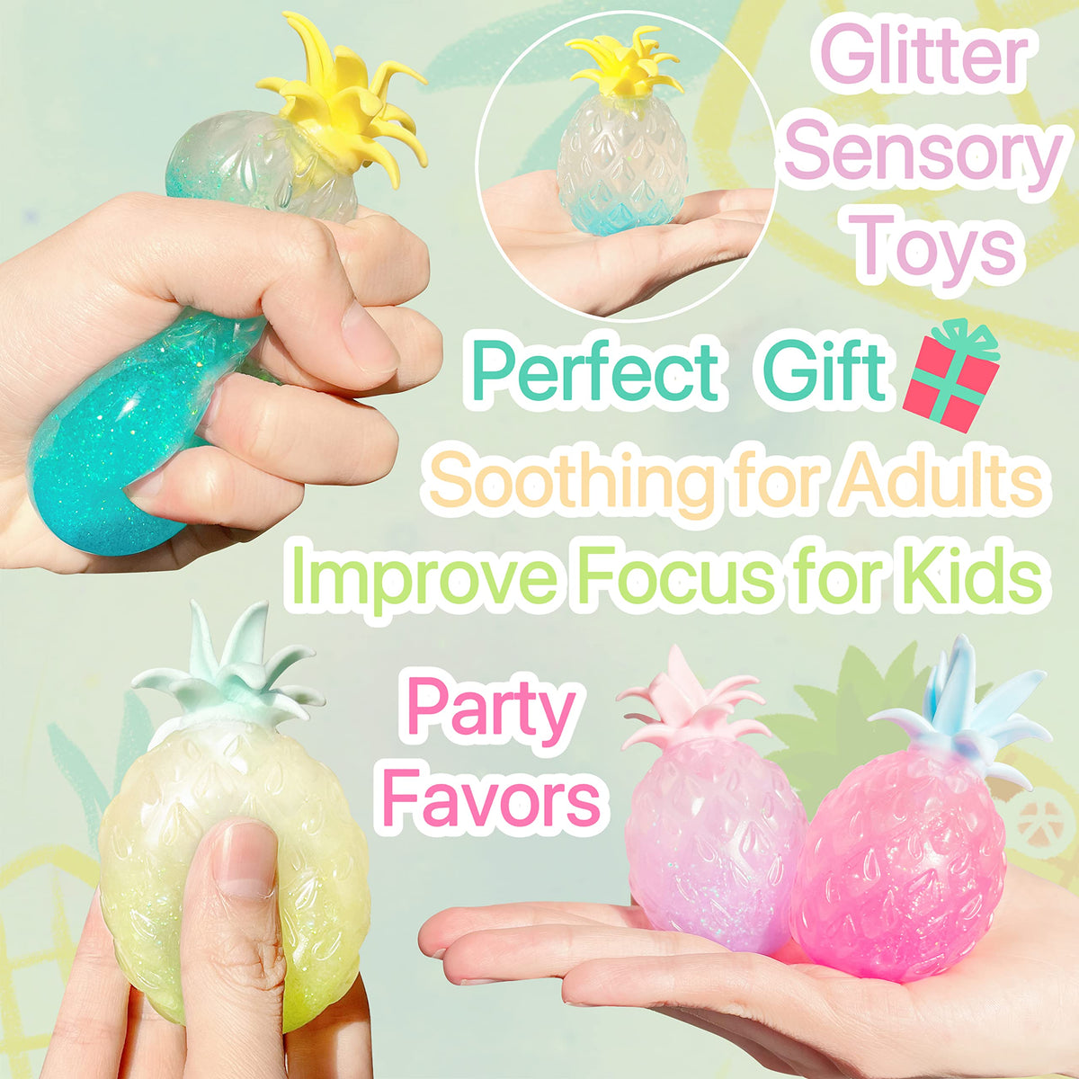 ZTATU Pineapple Stress Ball 4-Pack – Glitter Sequin Fidget Toys
