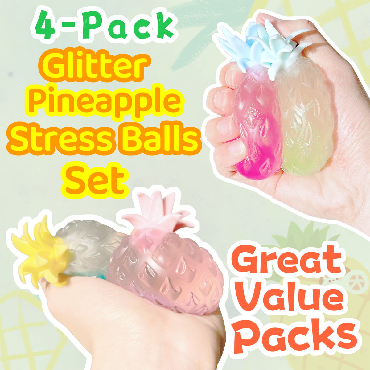 ZTATU Pineapple Stress Ball 4-Pack – Glitter Sequin Fidget Toys