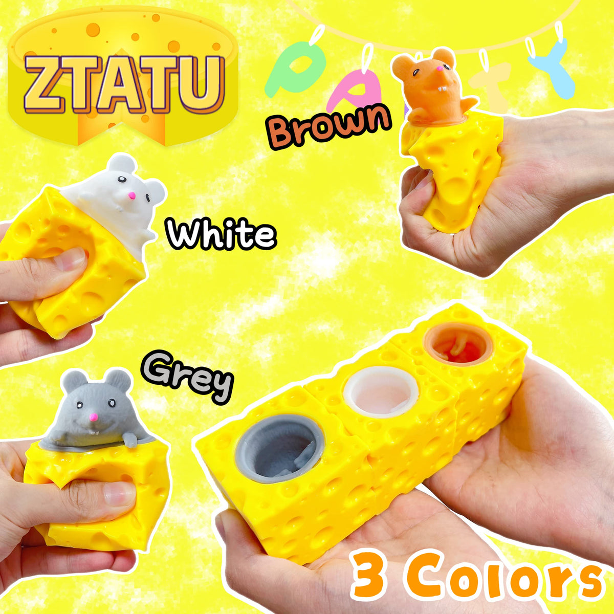 ZTATU Squishy Cheese Stress Balls – 3-Pack Mouse Fidget Toys for Kids & Adults