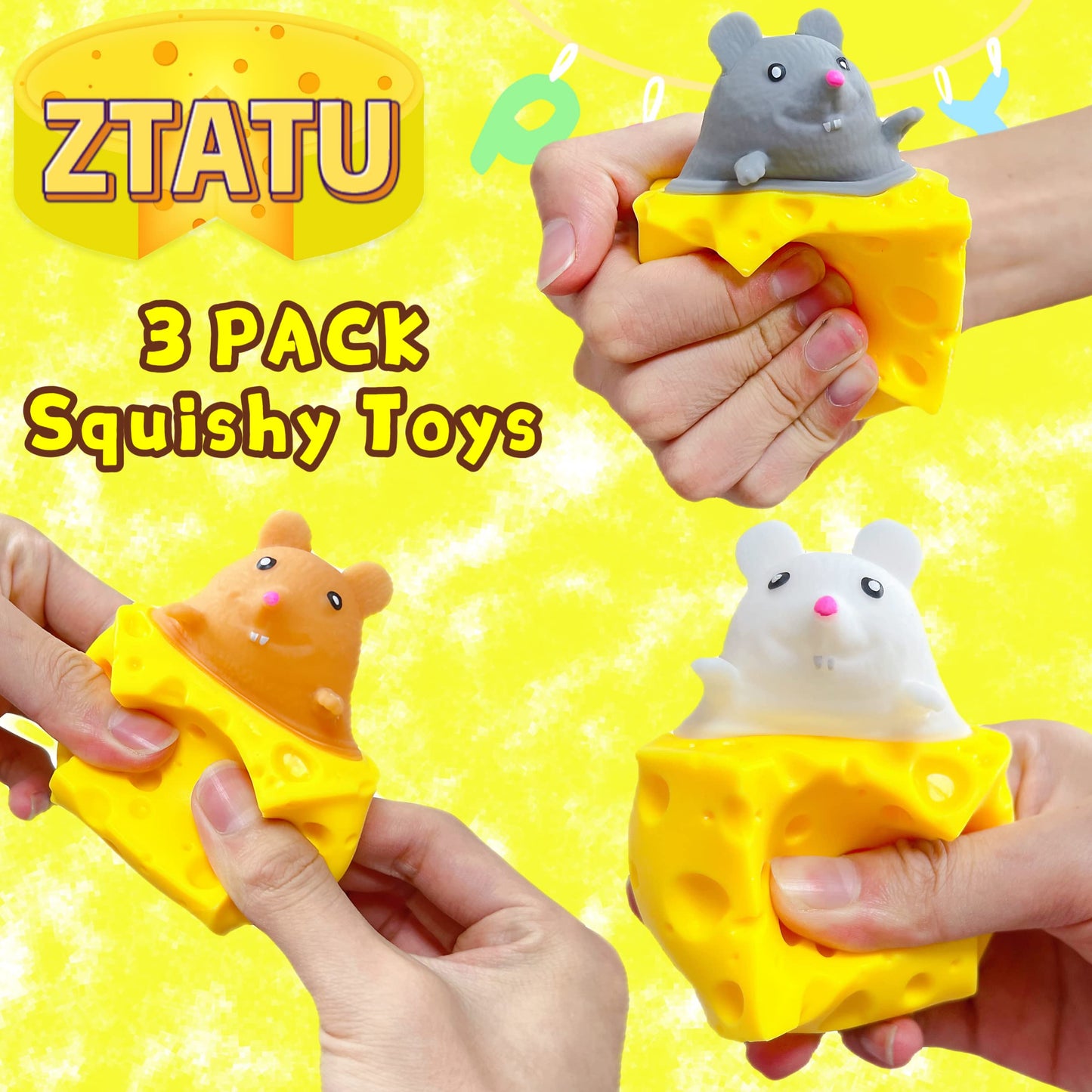 ZTATU Squishy Cheese Stress Balls – 3-Pack Mouse Fidget Toys for Kids & Adults