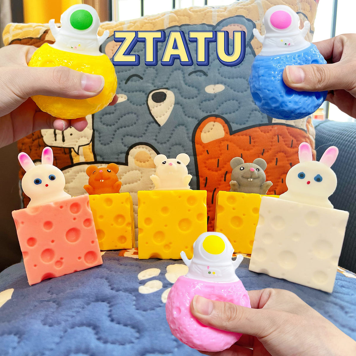 ZTATU Squishy Cheese Stress Balls – 3-Pack Mouse Fidget Toys for Kids & Adults