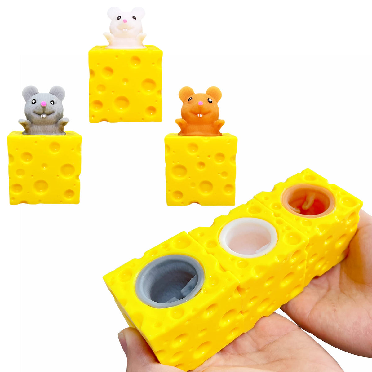 ZTATU Squishy Cheese Stress Balls – 3-Pack Mouse Fidget Toys for Kids & Adults