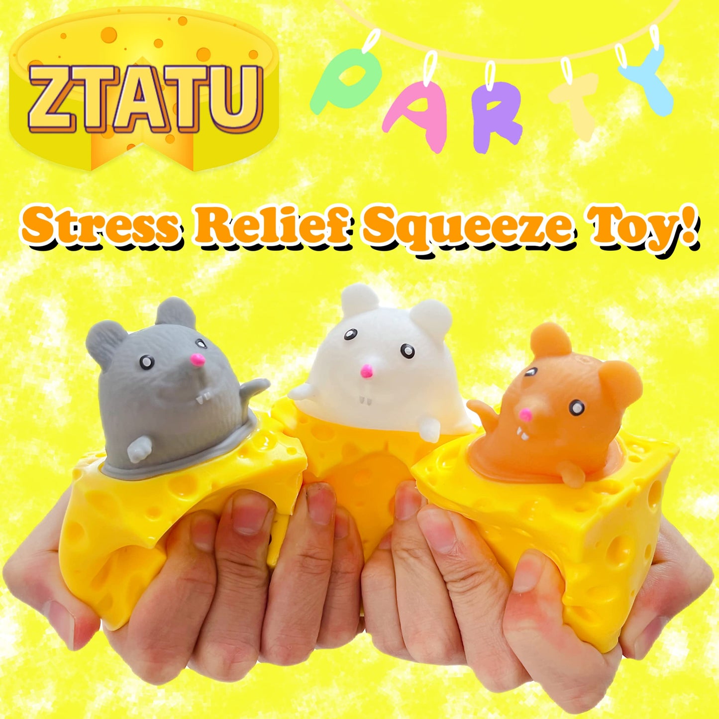 ZTATU Squishy Cheese Stress Balls – 3-Pack Mouse Fidget Toys for Kids & Adults