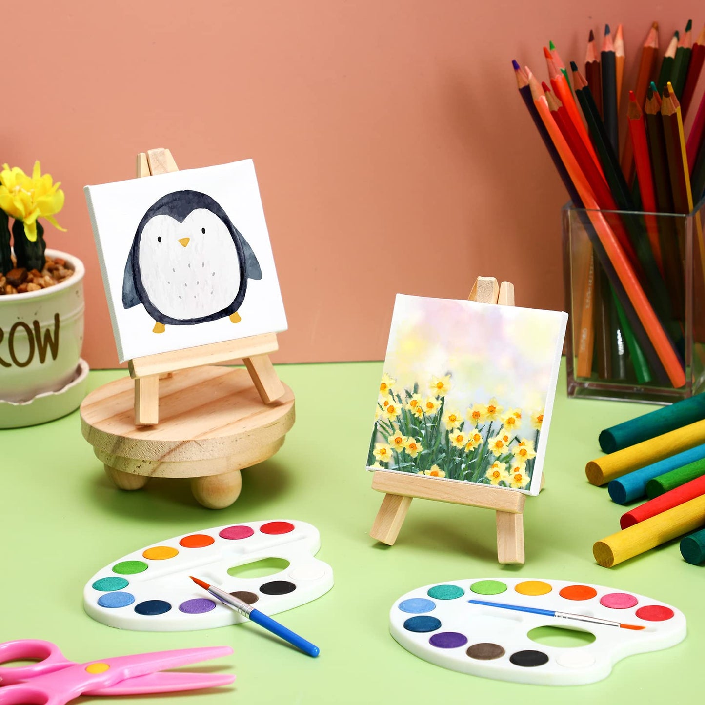 Zubebe 12-Set Mini Canvas Painting Kit – 4x4in Canvases with Wooden Easels (Valentine’s Day Gifts)