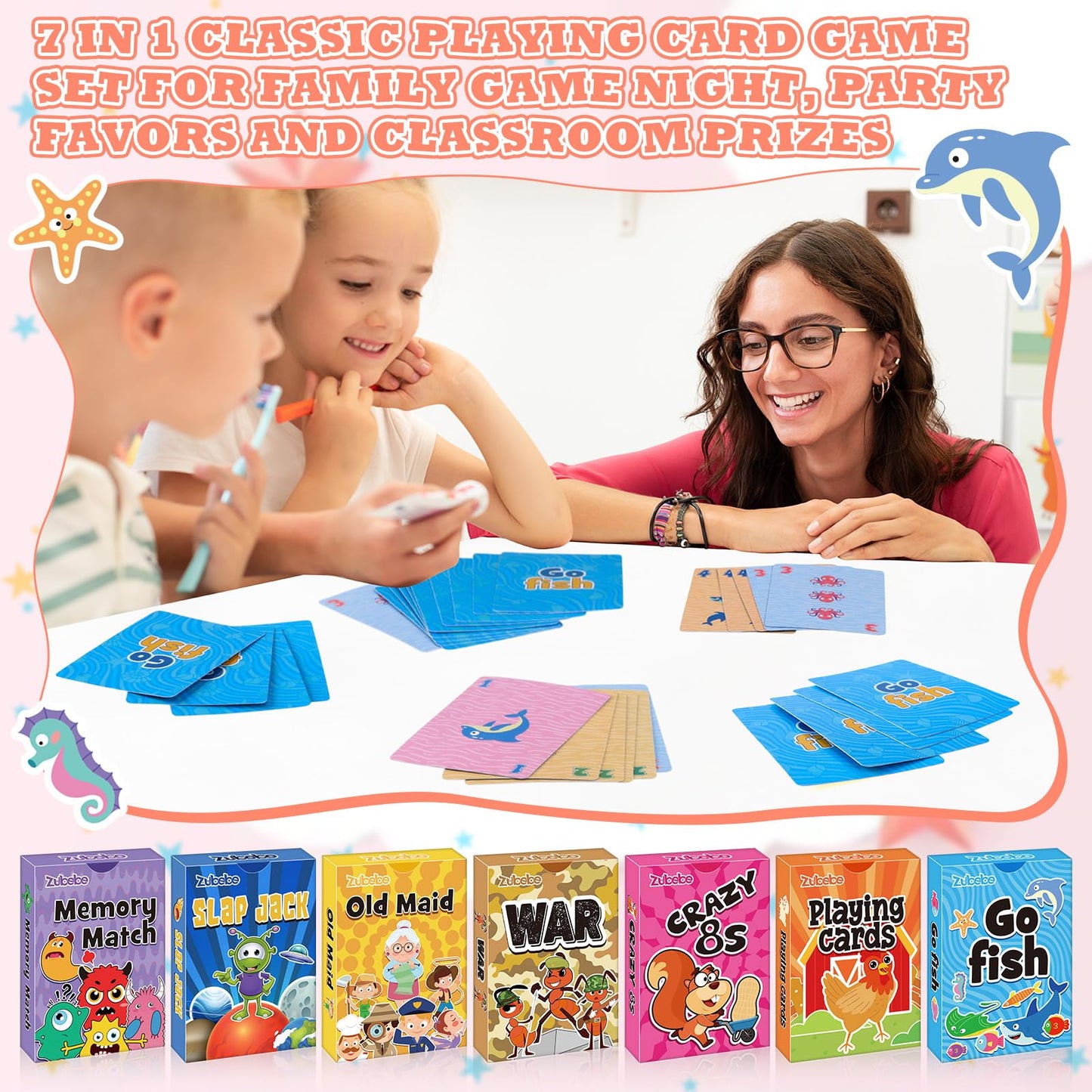 Zubebe 28-Pack Kids Card Games Set — 7 Classic Games in Bulk (Go Fish, Old Maid, Crazy Eights, Memory Match, Slap Jack, War, Animal-Themed)