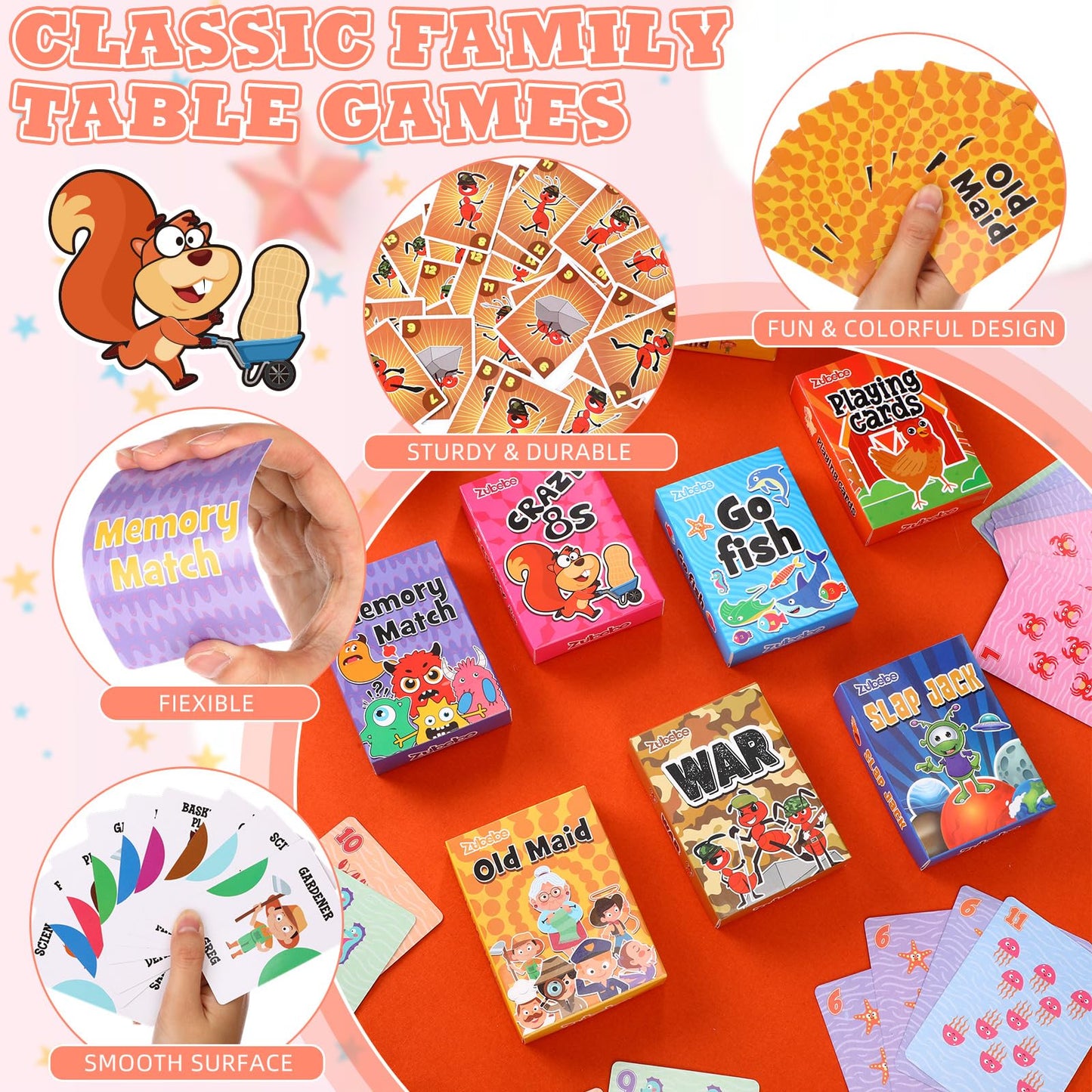Zubebe 28-Pack Kids Card Games Set — 7 Classic Games in Bulk (Go Fish, Old Maid, Crazy Eights, Memory Match, Slap Jack, War, Animal-Themed)
