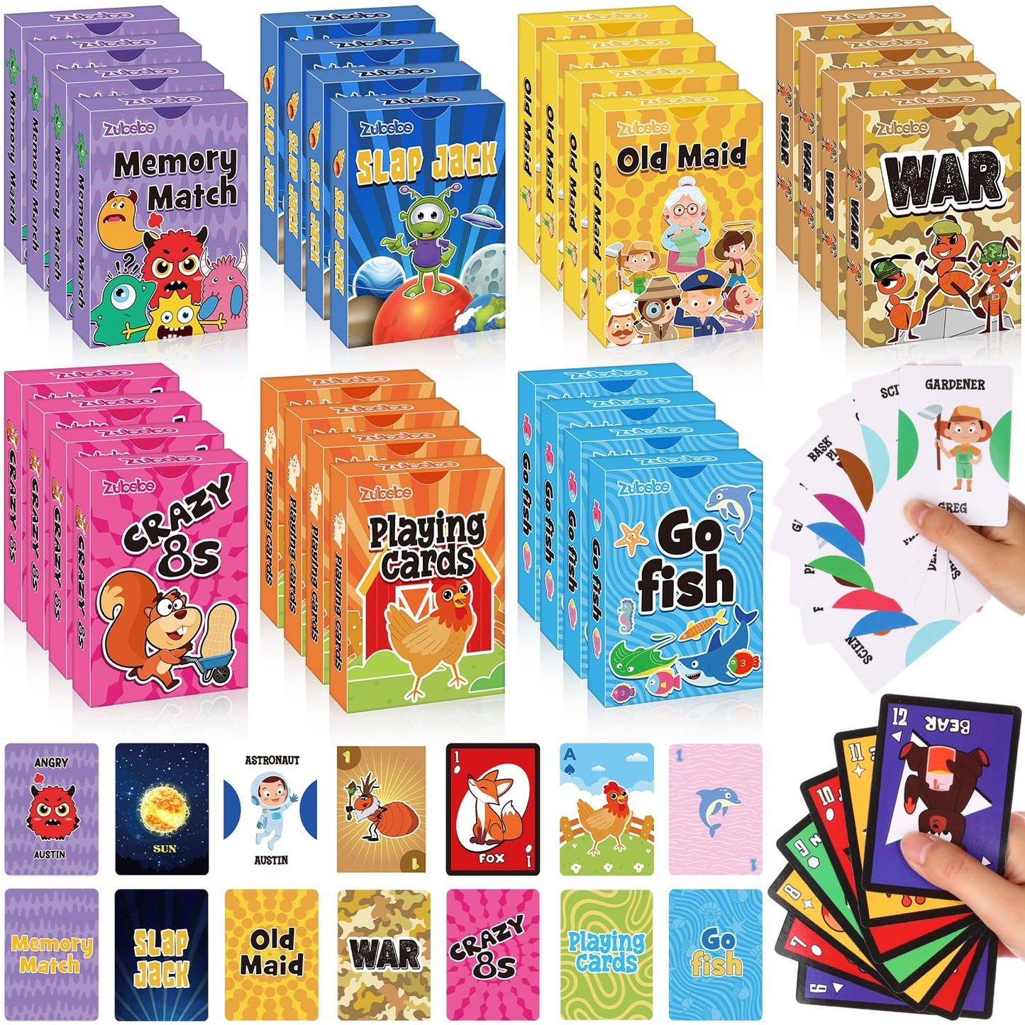 Zubebe 28-Pack Kids Card Games Set — 7 Classic Games in Bulk (Go Fish, Old Maid, Crazy Eights, Memory Match, Slap Jack, War, Animal-Themed)