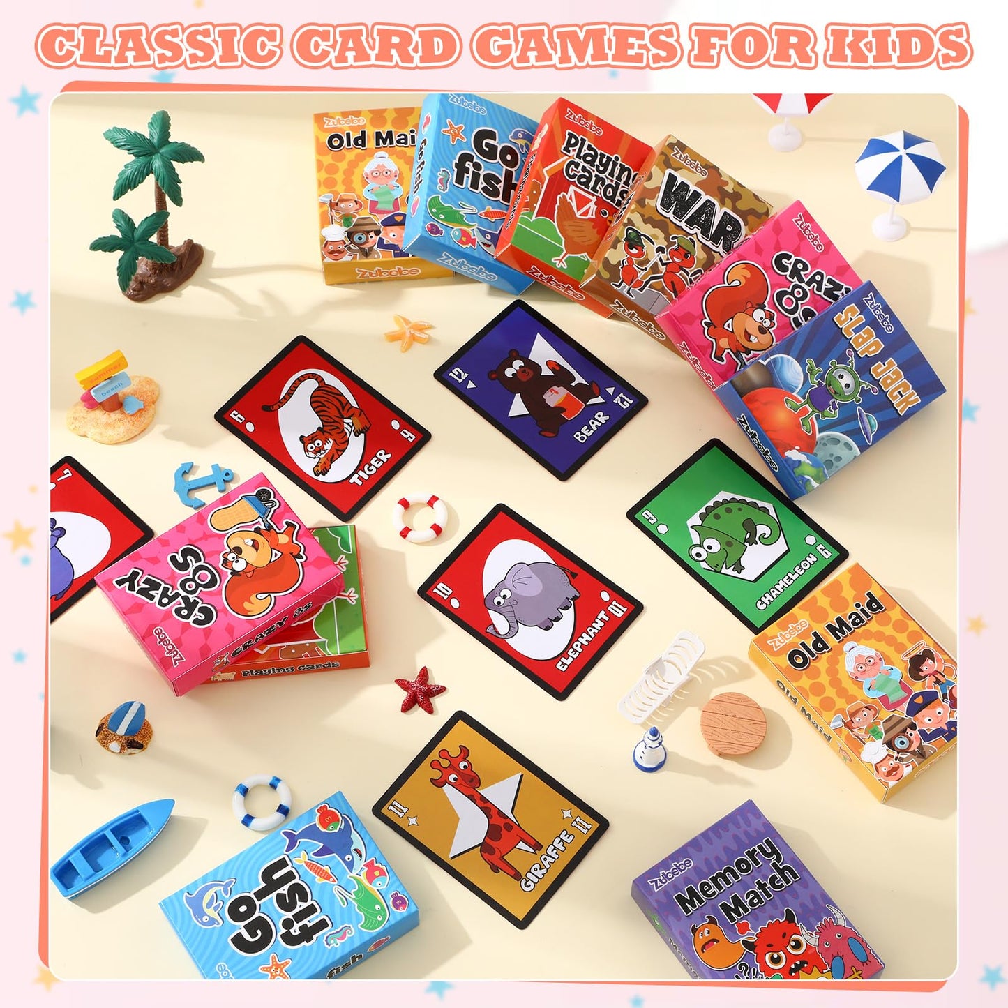 Zubebe 28-Pack Kids Card Games Set — 7 Classic Games in Bulk (Go Fish, Old Maid, Crazy Eights, Memory Match, Slap Jack, War, Animal-Themed)