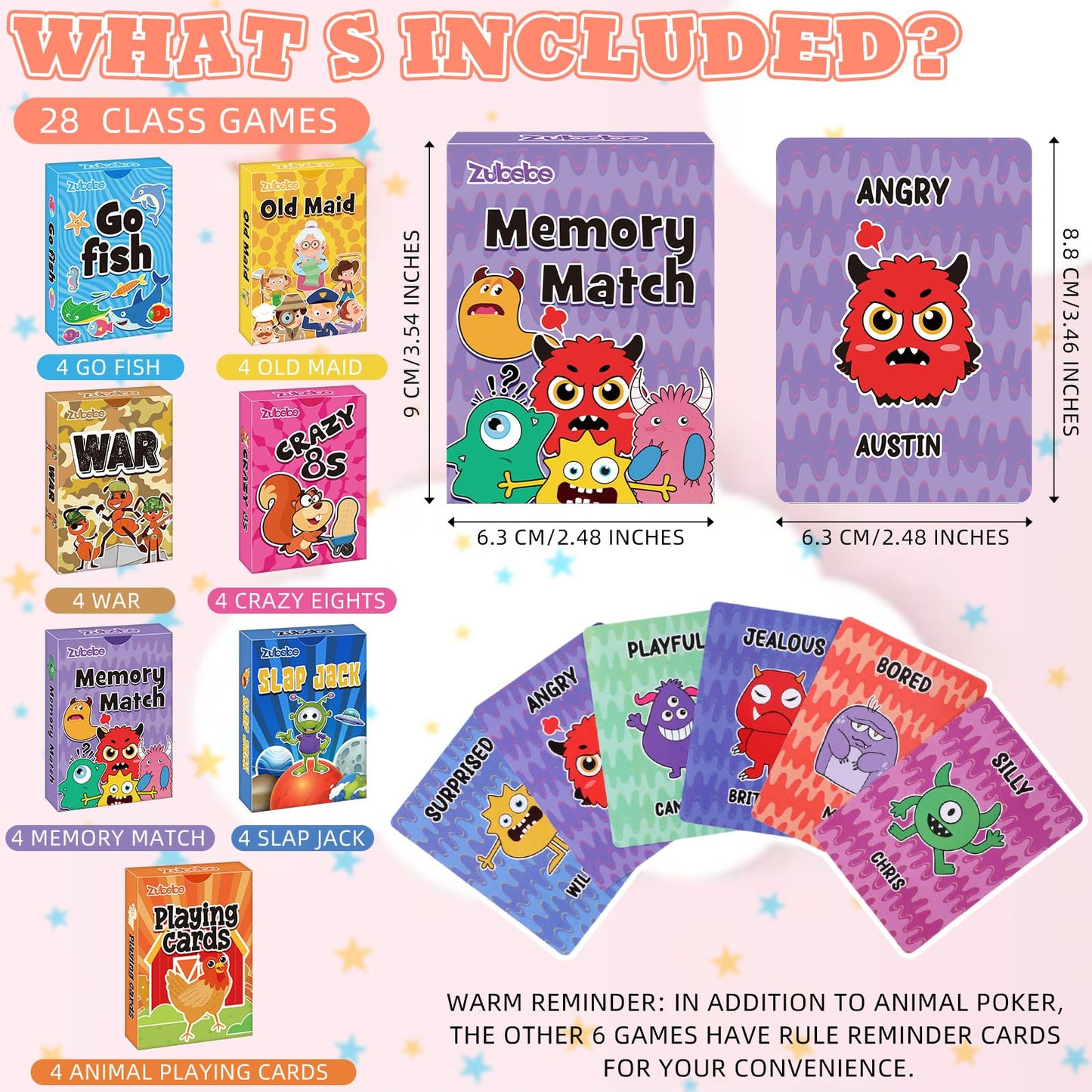 Zubebe 28-Pack Kids Card Games Set — 7 Classic Games in Bulk (Go Fish, Old Maid, Crazy Eights, Memory Match, Slap Jack, War, Animal-Themed)