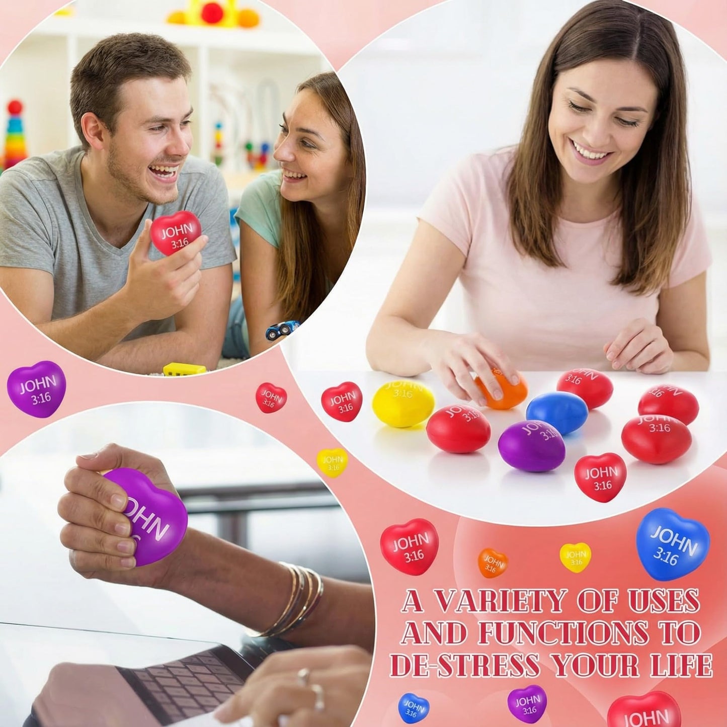 Zubebe 48 Pcs Valentine Heart Stress Balls – John 3:16, Multicolor, 2.76''