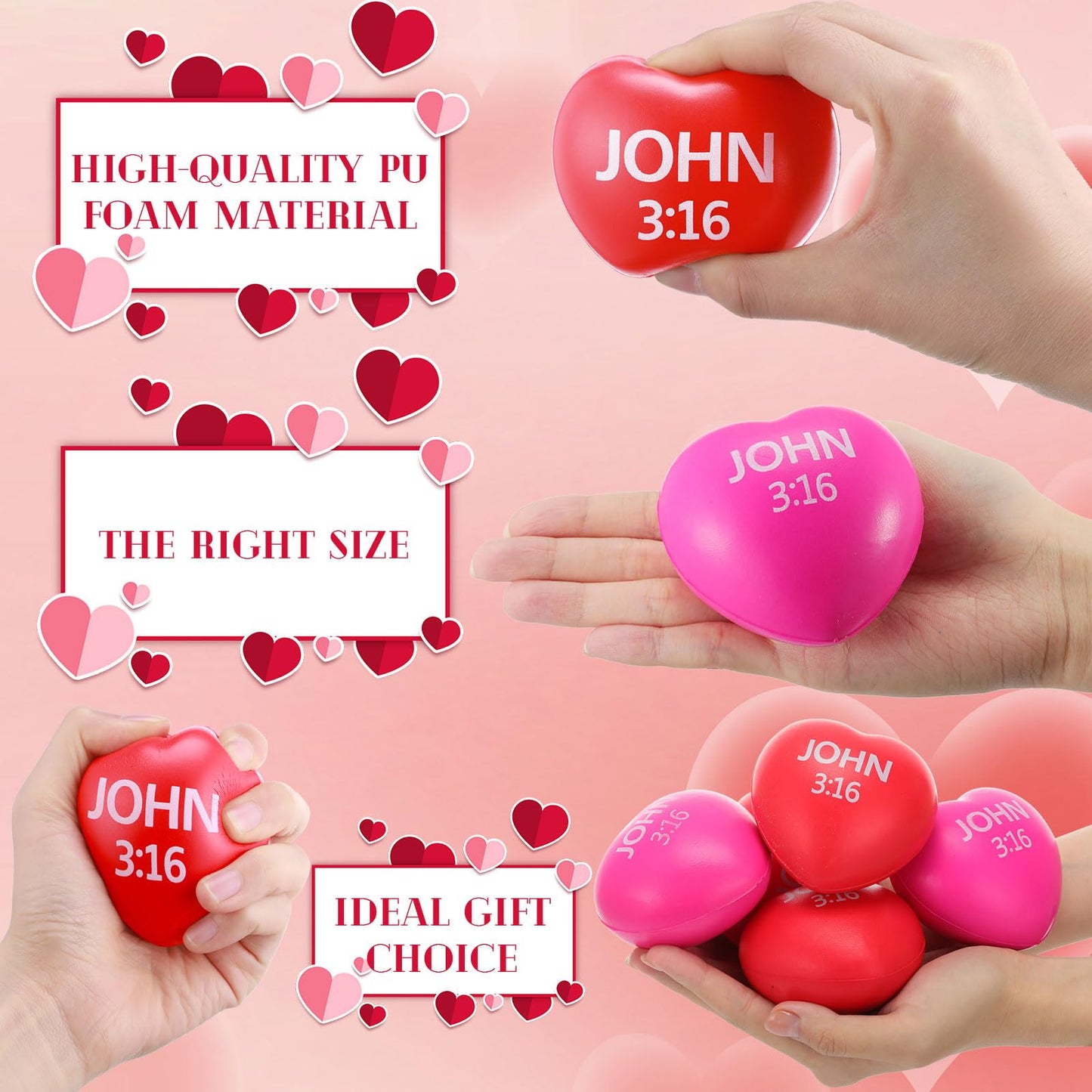 Zubebe 48 Pcs Valentine Heart Stress Balls Bulk – John 3:16, Red