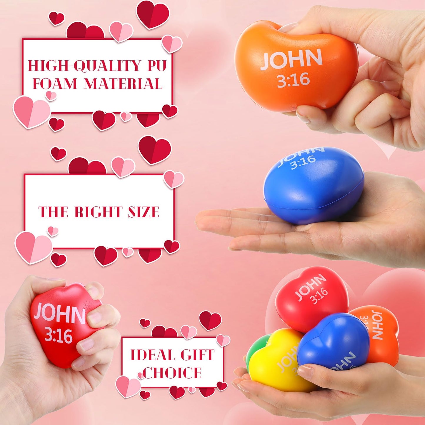Zubebe 48 Pcs Valentine Heart Stress Balls – John 3:16, Multicolor, 2.76''