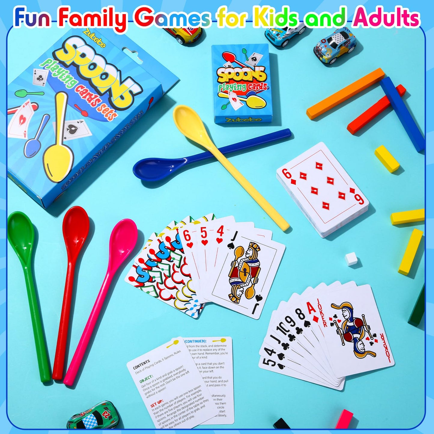 Zubebe 6 Sets Spoons Game – Giant Spoons & Cards for Family Fun, Travel & Parties