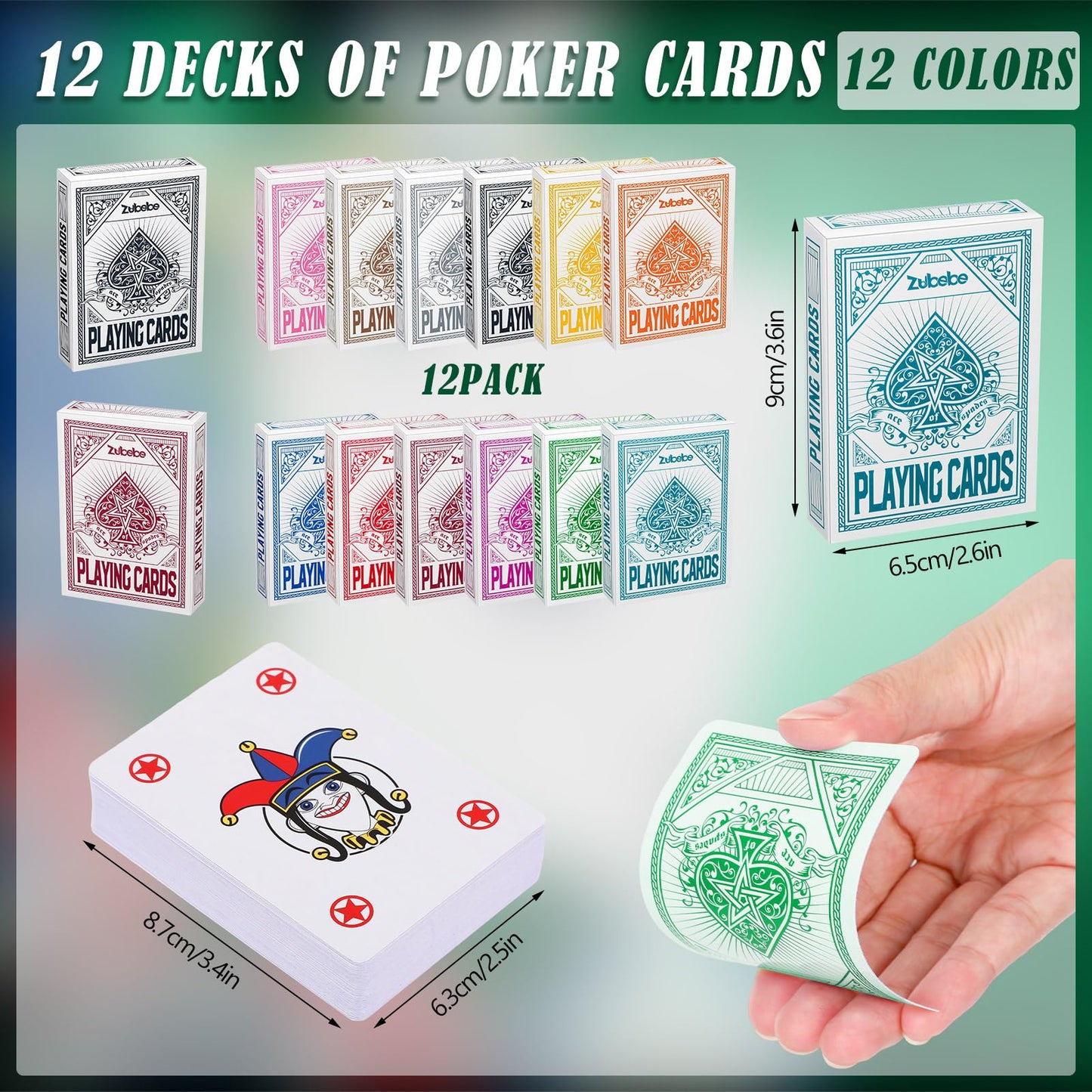 Zubebe 24-Pack Playing Cards – 52-Card Decks in 12 Color-Back Variants, Standard Poker Size