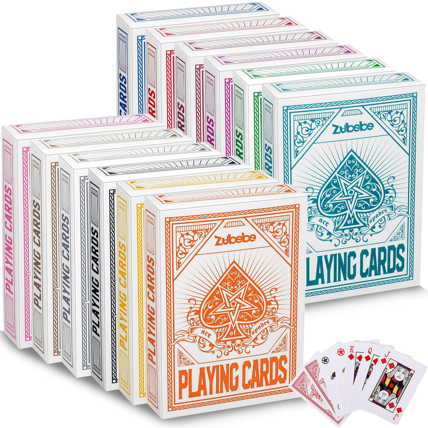 Zubebe 24-Pack Playing Cards – 52-Card Decks in 12 Color-Back Variants, Standard Poker Size