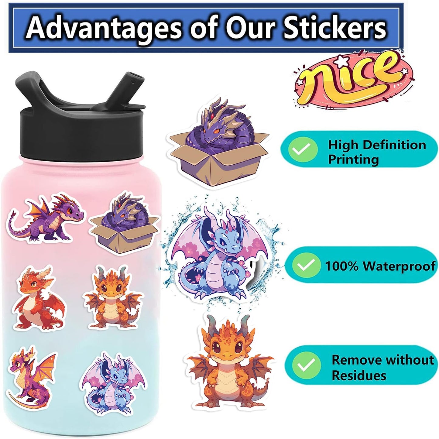 ZUIYIJIANGNAN 50pcs Cartoon Dragon Stickers – Waterproof Vinyl for Laptops & Water Bottles