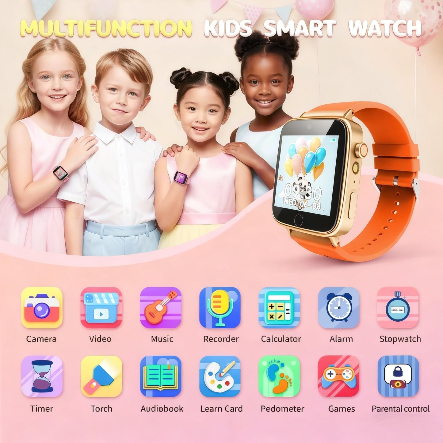 ZUODUN Kids Watch for Girls – Orange Smart Watch with Camera, 26 Games, Alarm, Pedometer & Audiobooks