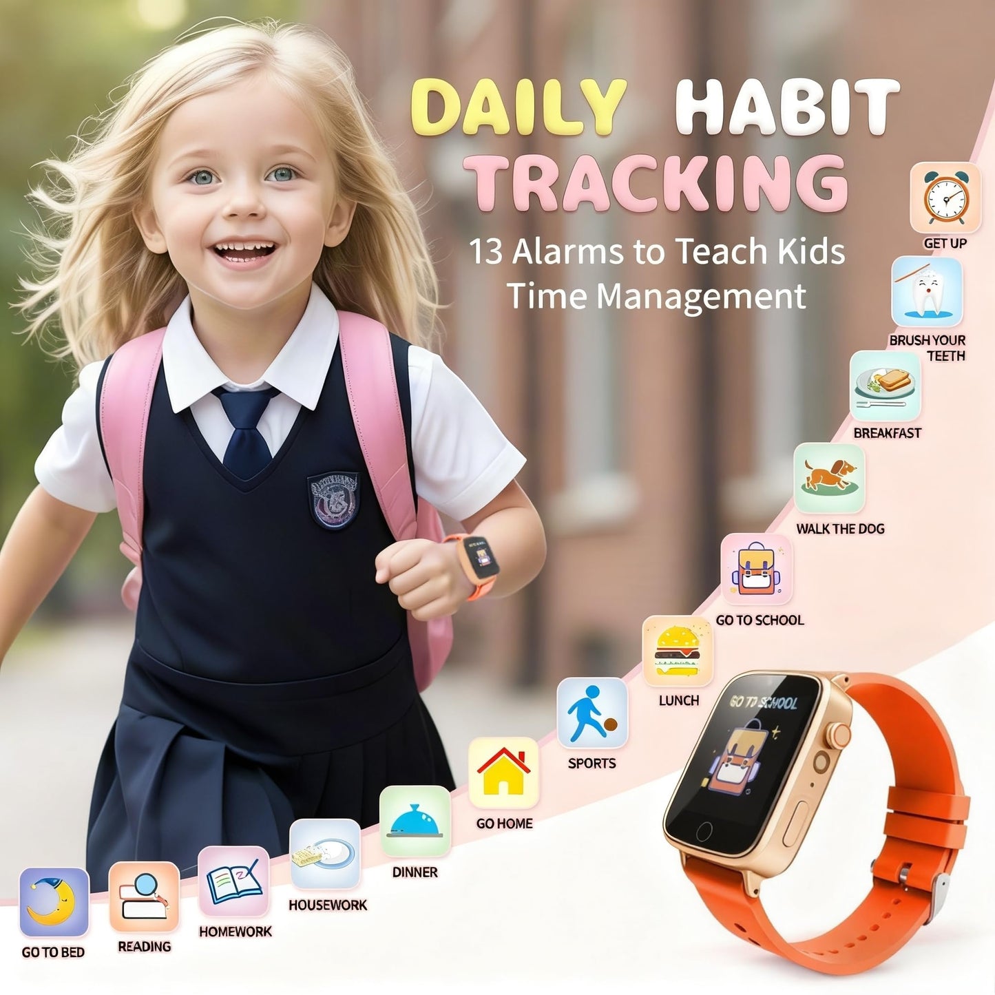 ZUODUN Kids Watch for Girls – Orange Smart Watch with Camera, 26 Games, Alarm, Pedometer & Audiobooks