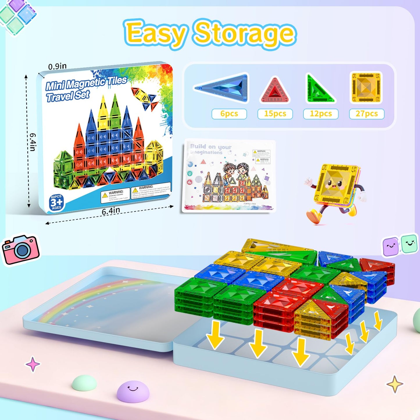 Zupooko 60-Piece Magnetic Tiles for Kids 3-8 | Travel STEM Toy