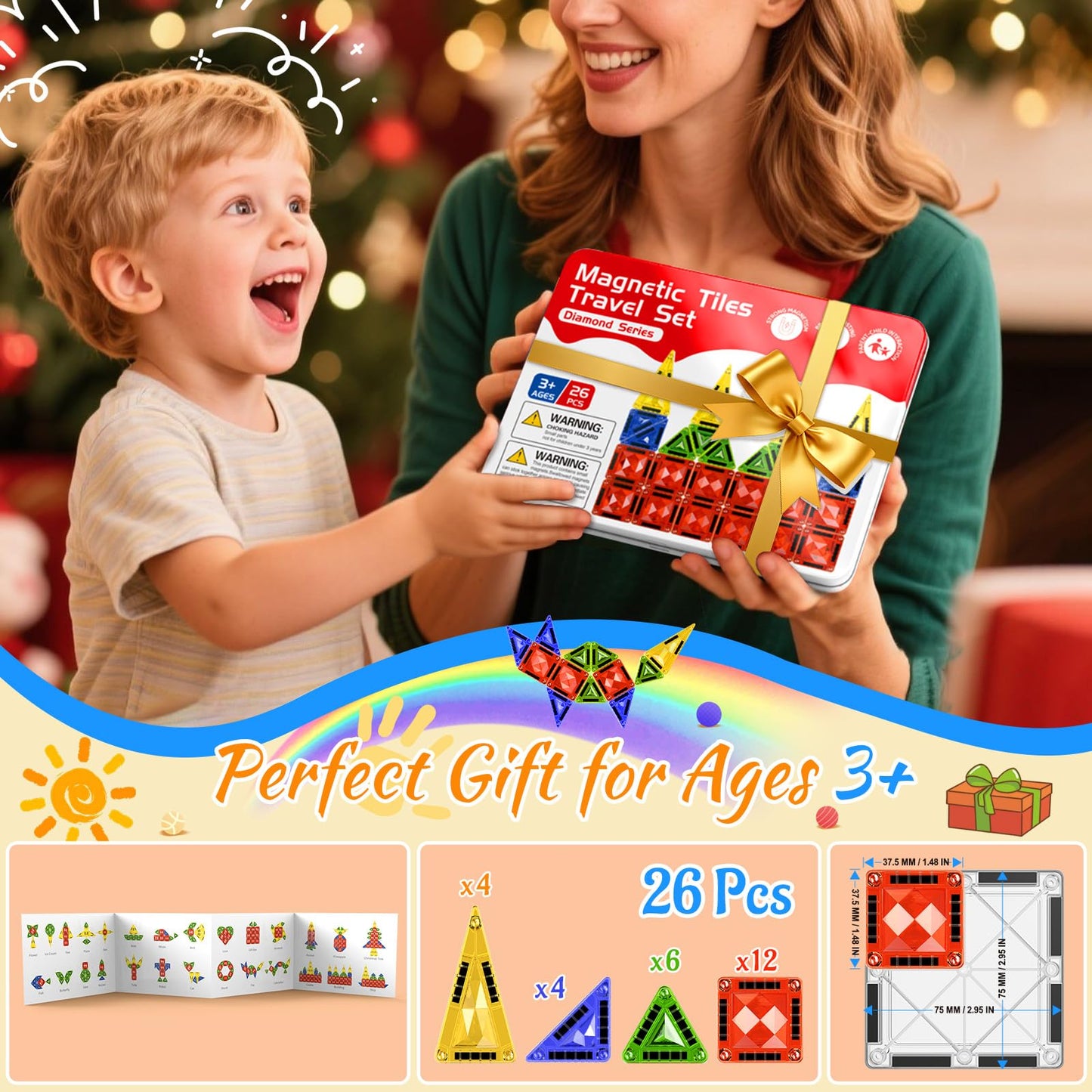 Zupooko Mini Magnetic Tiles – Travel STEM Toy for Kids 3-8 with Metal Storage Box