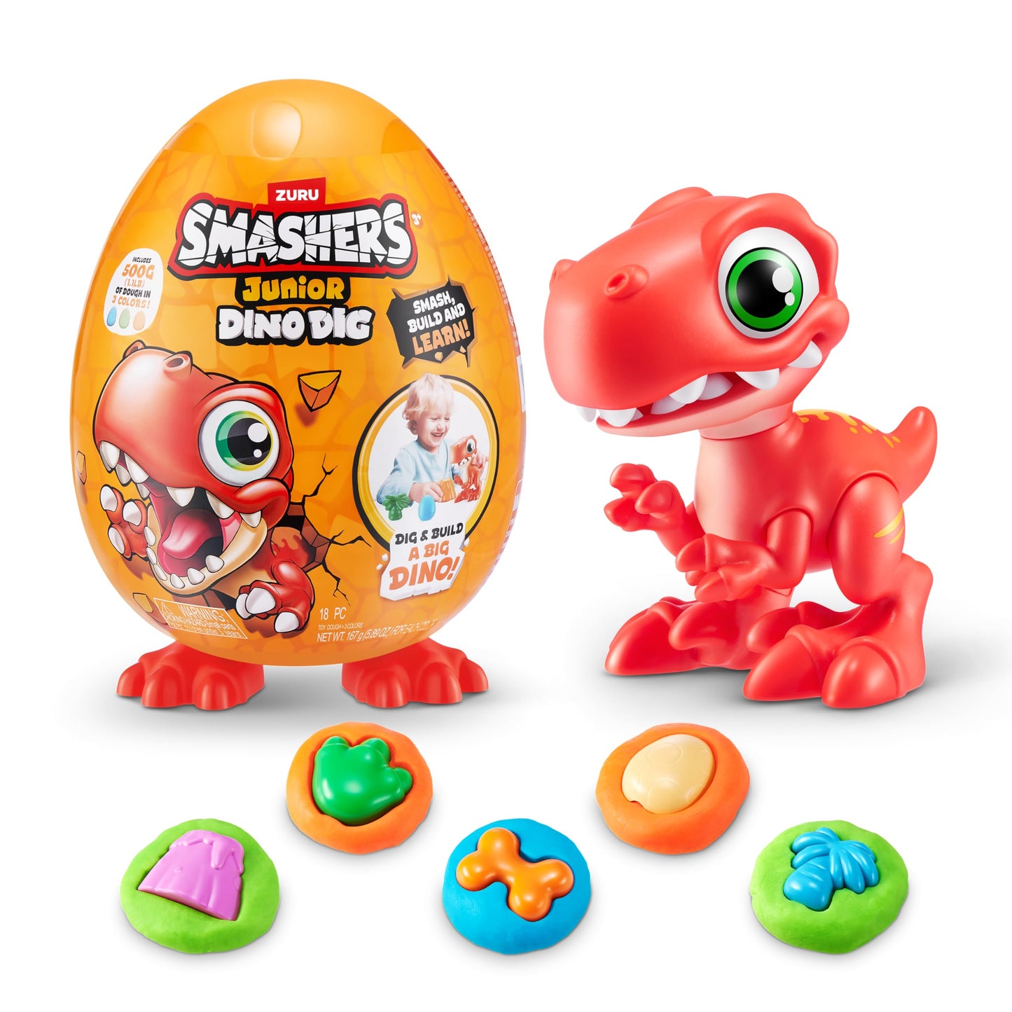 ZURU SMASHERS Junior Dino Dig Small Egg – 18 Surprises, 500g Dino Dough, Build and Explore