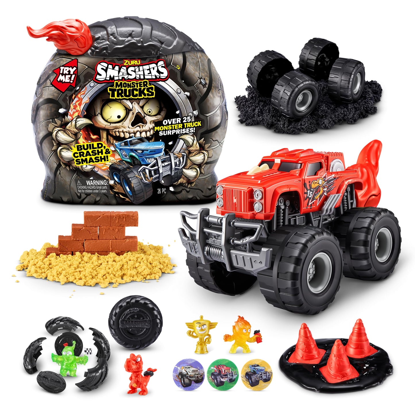 Smashers Monster Wheels Red Flame Mystery Pack — 25+ Surprises, 3 Trucks | ZURU SMASHERS