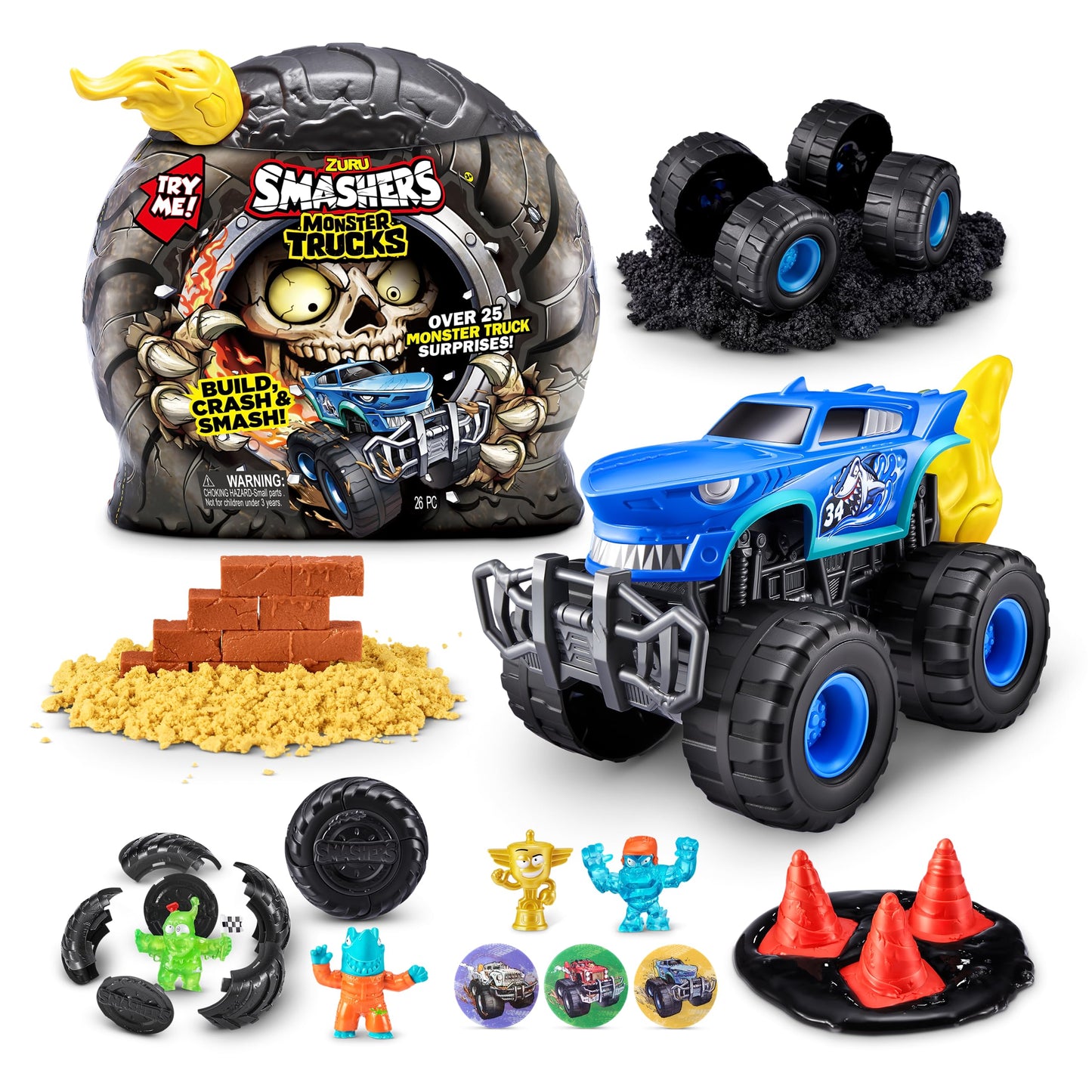 ZURU SMASHERS Monster Wheels Yellow Flame Mystery Pack – 25+ Surprises, 3 Trucks