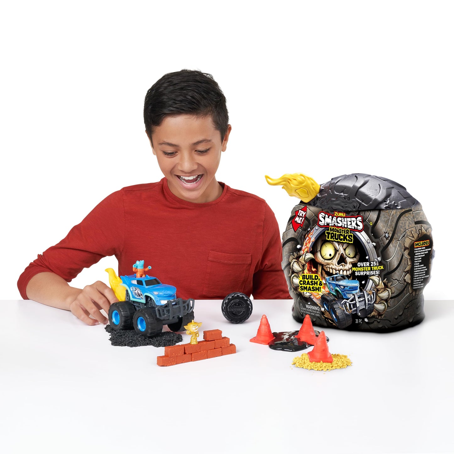 ZURU SMASHERS Monster Wheels Yellow Flame Mystery Pack – 25+ Surprises, 3 Trucks