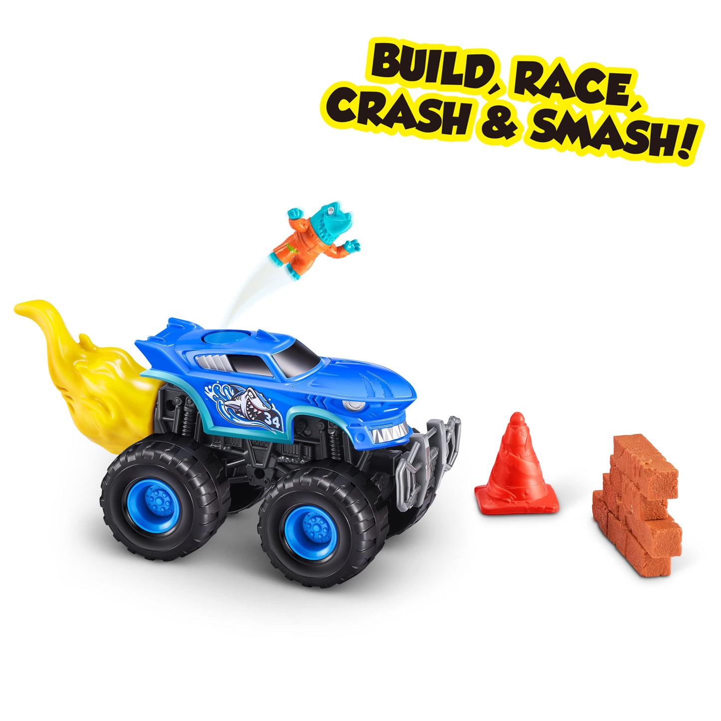 ZURU SMASHERS Monster Wheels Yellow Flame Mystery Pack – 25+ Surprises, 3 Trucks