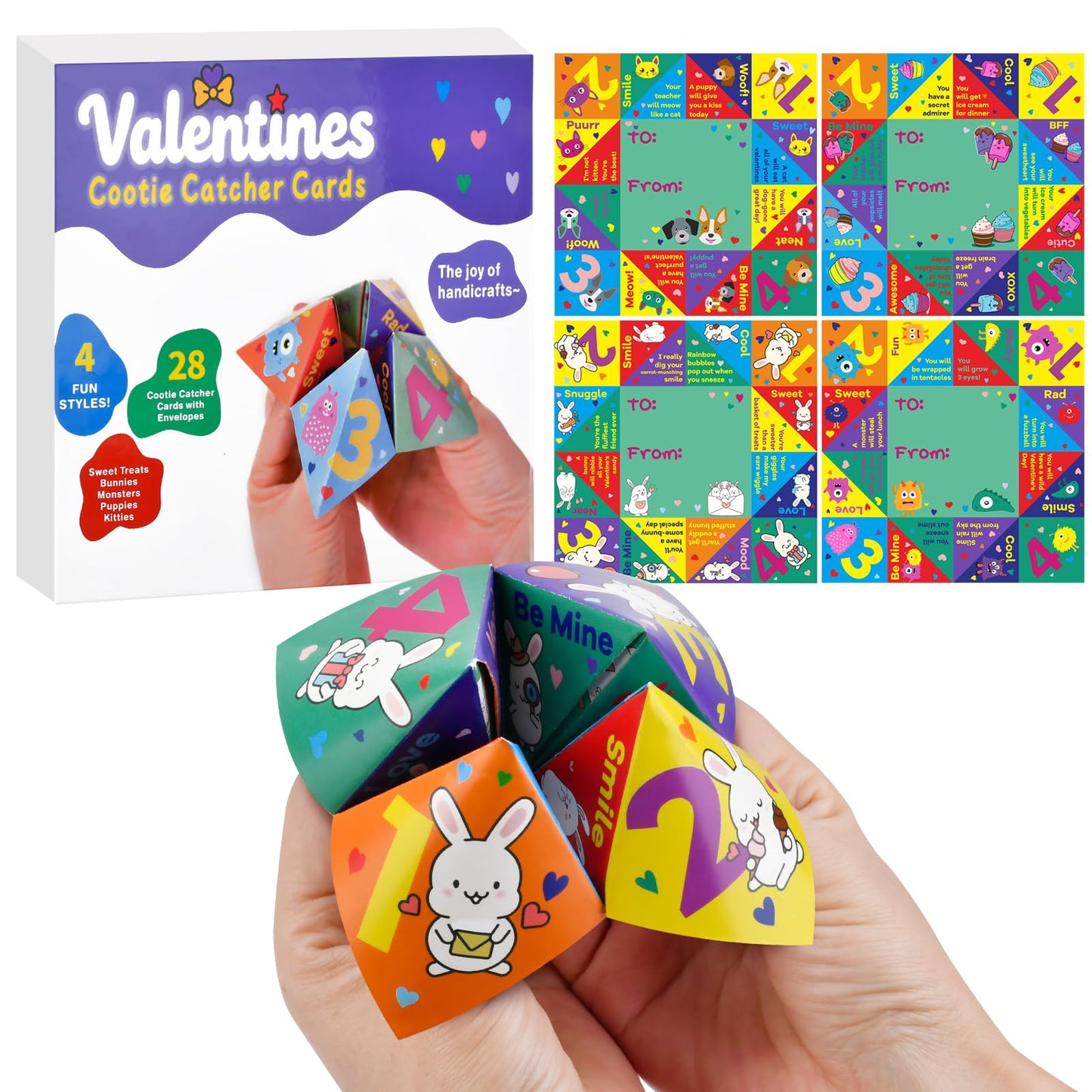 Zutcogo Valentines Day Cards for Kids – 28-Pack Cootie Catcher Classroom Set