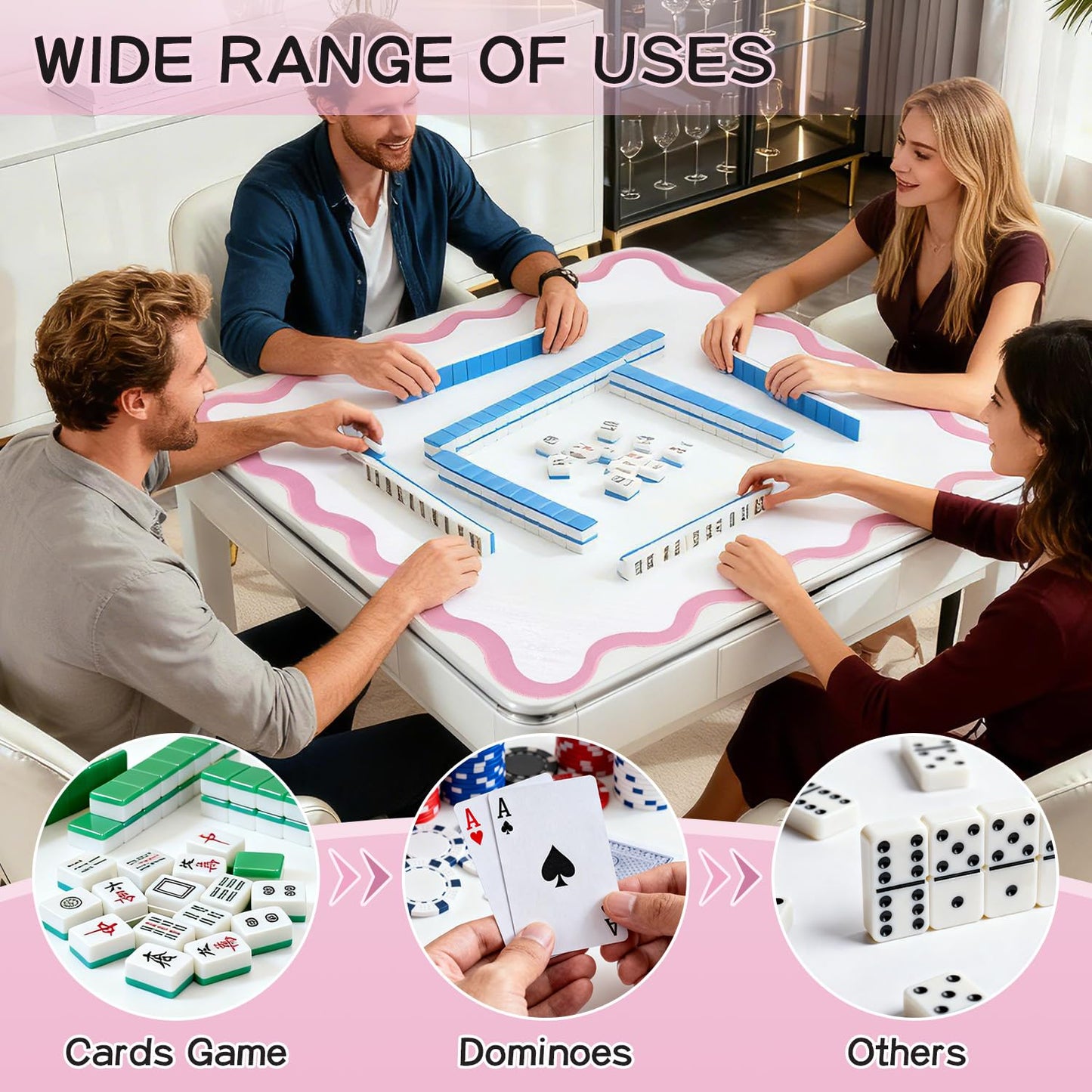 ZWFCGMMBC 32.4in Scalloped Mahjong Mat – Anti-Slip, 4 Dice & 4 Shuffle Cards (Pink)