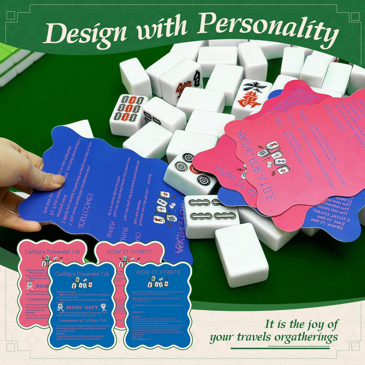 ZWFCGMMBC 4-Piece Mahjong Shufflers with Printed Rules – Beginner-Friendly Shuffle Cards (Pink & Deep Blue)