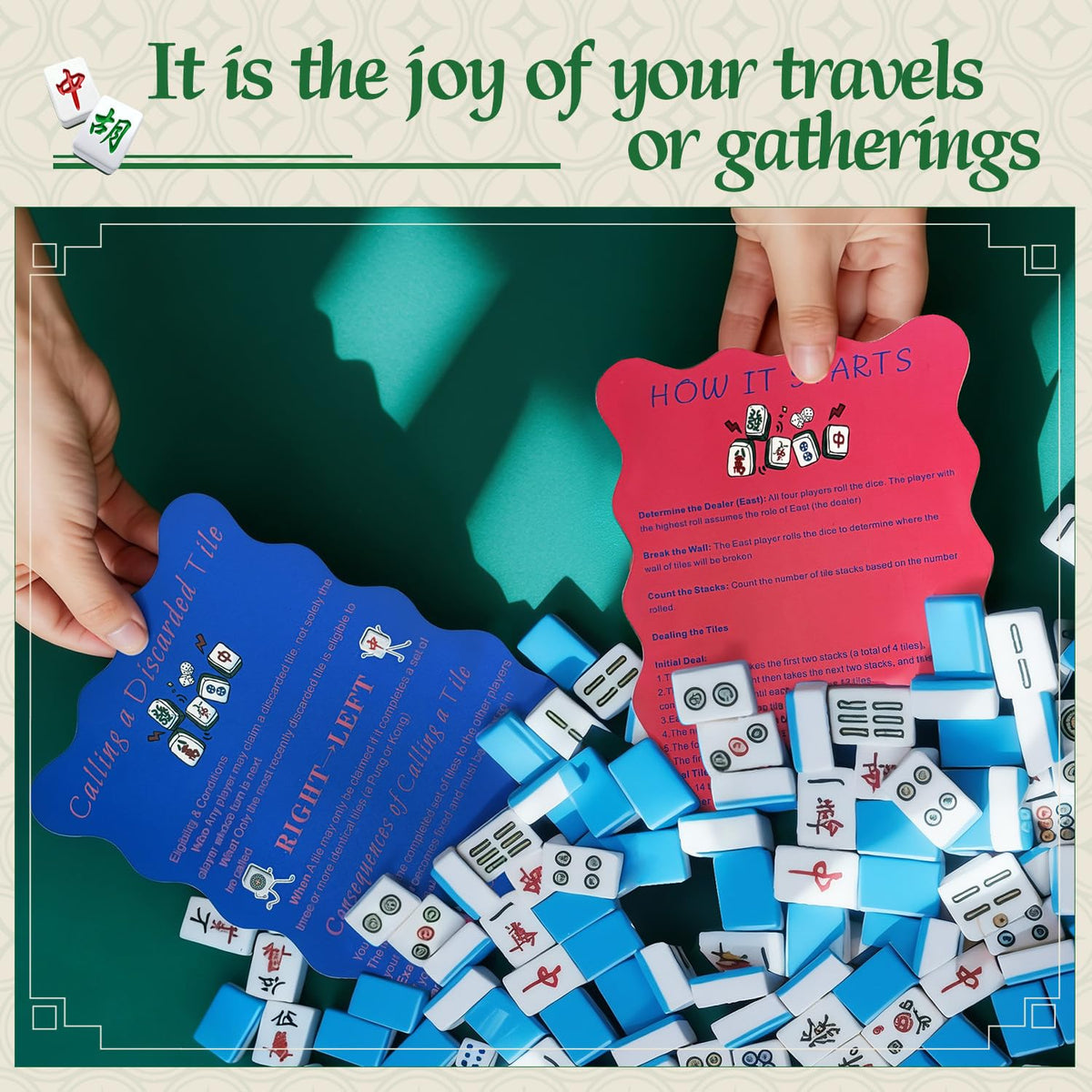 ZWFCGMMBC 4-Piece Mahjong Shufflers with Printed Rules – Beginner-Friendly Shuffle Cards (Pink & Deep Blue)