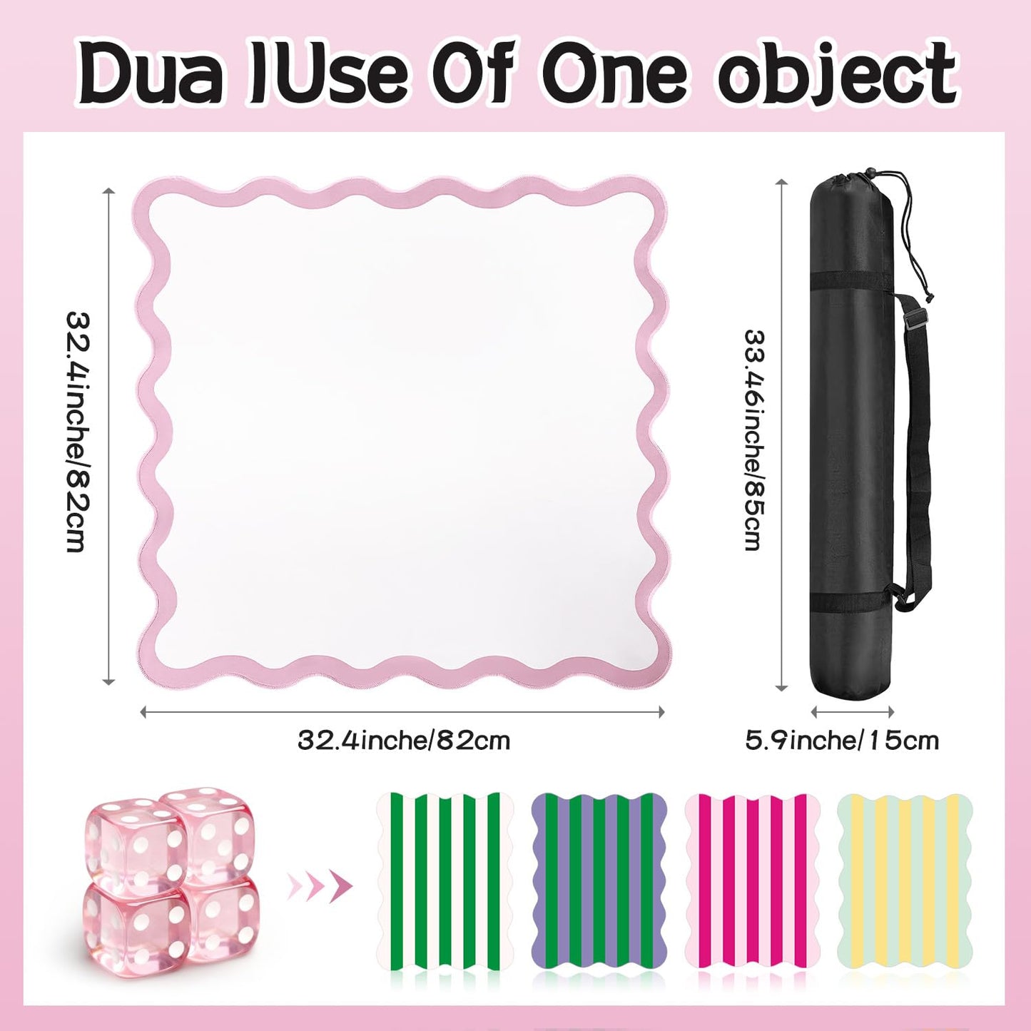 ZWFCGMMBC 32.4in Scalloped Mahjong Mat – Anti-Slip, 4 Dice & 4 Shuffle Cards (Pink)