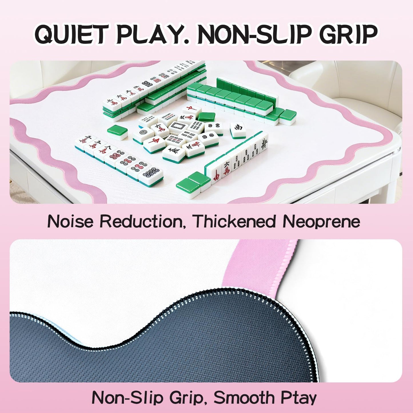 ZWFCGMMBC 32.4in Scalloped Mahjong Mat – Anti-Slip, 4 Dice & 4 Shuffle Cards (Pink)