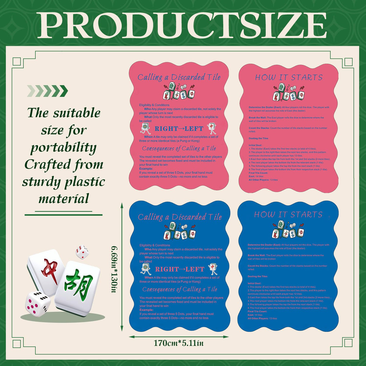 ZWFCGMMBC 4-Piece Mahjong Shufflers with Printed Rules – Beginner-Friendly Shuffle Cards (Pink & Deep Blue)