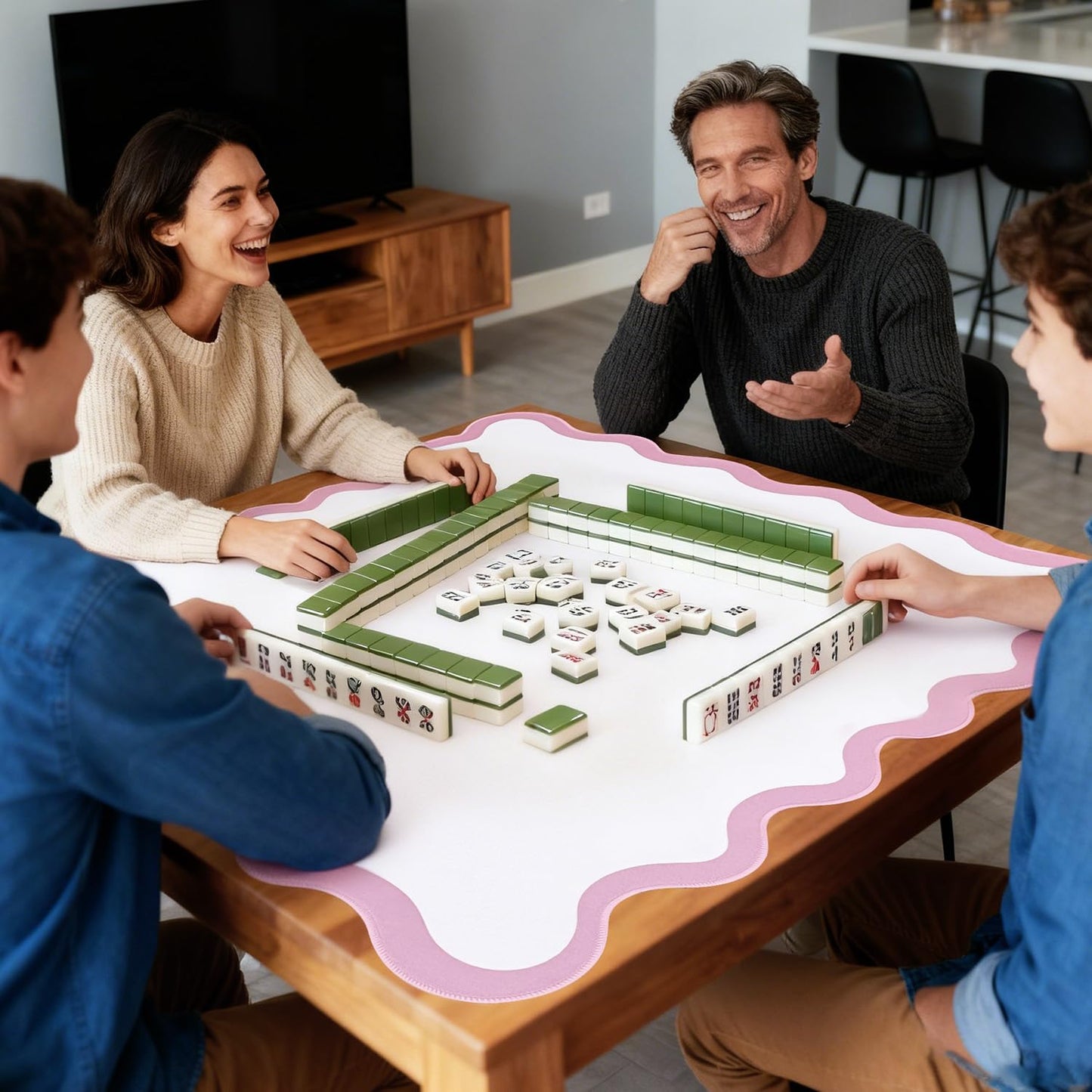 ZWFCGMMBC 32.4in Scalloped Mahjong Mat – Anti-Slip, 4 Dice & 4 Shuffle Cards (Pink)