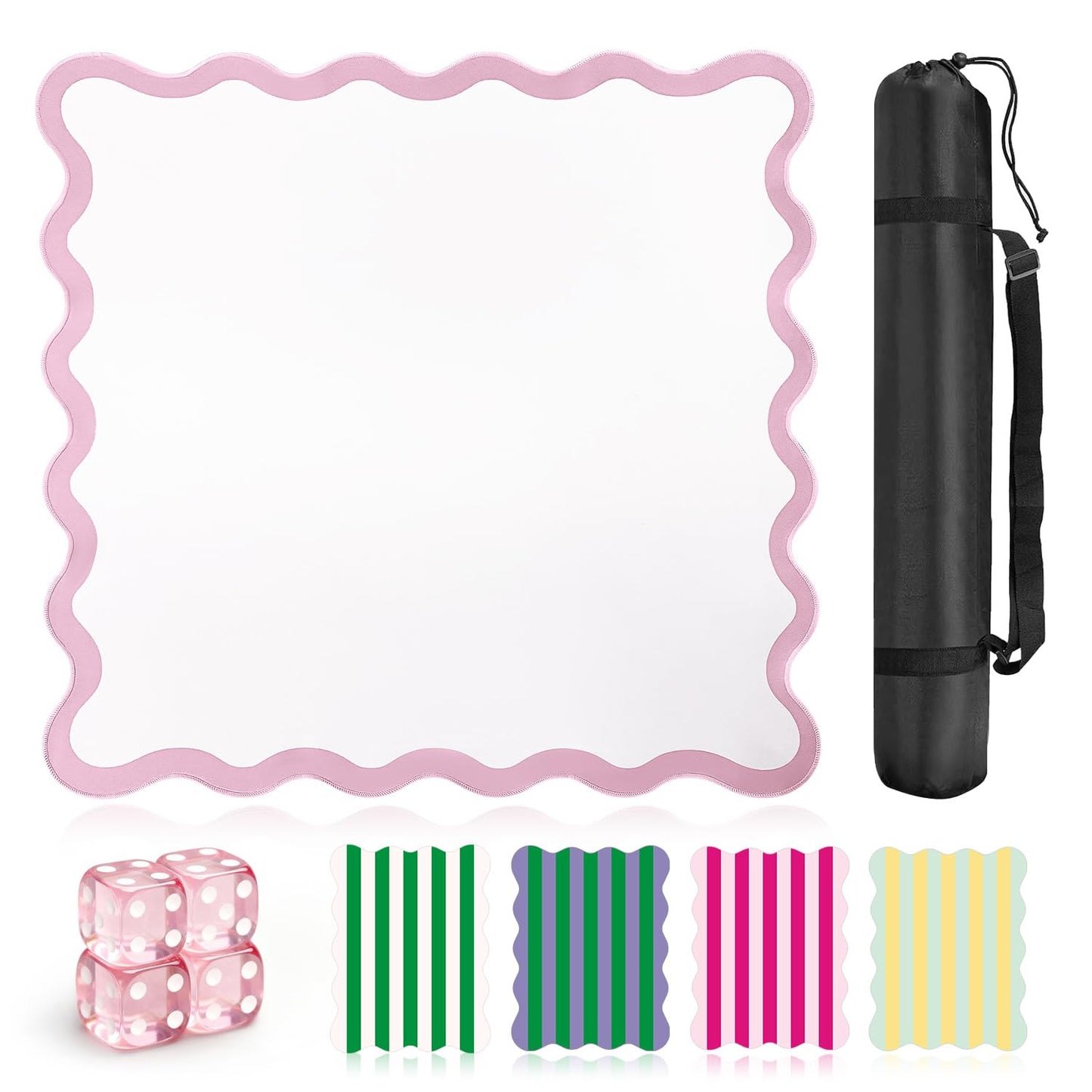 ZWFCGMMBC 32.4in Scalloped Mahjong Mat – Anti-Slip, 4 Dice & 4 Shuffle Cards (Pink)