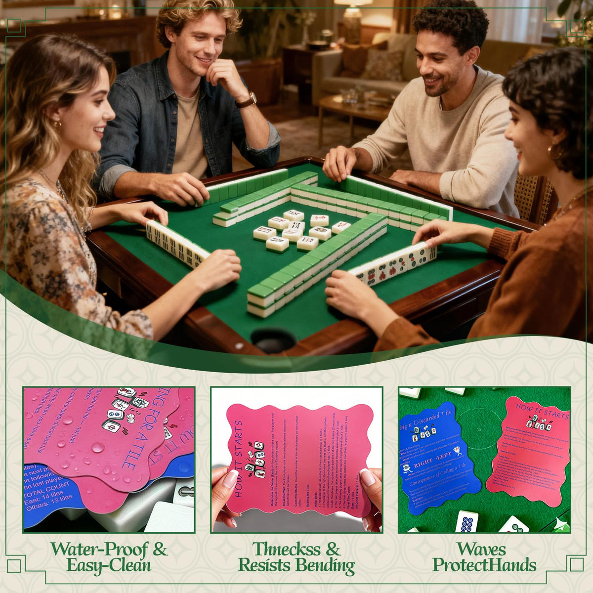 ZWFCGMMBC 4-Piece Mahjong Shufflers with Printed Rules – Beginner-Friendly Shuffle Cards (Pink & Deep Blue)