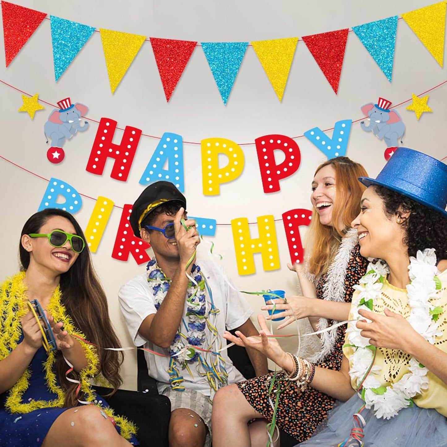 Zwiebeco Red Blue Yellow Birthday Banner Triangle Flags – Party Garland