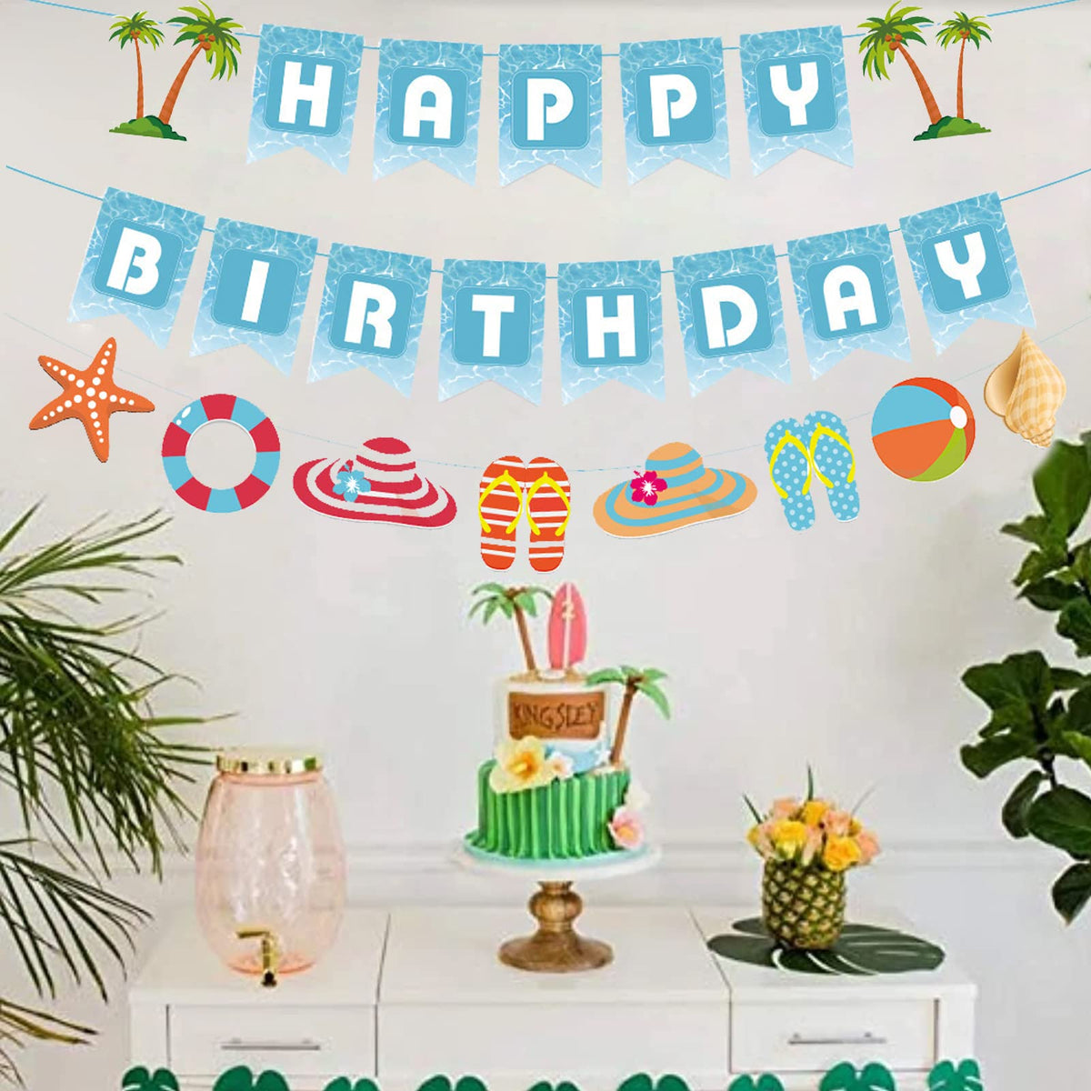 Zwiebeco Seaside Happy Birthday Banner – Blue & White Starfish Conch Hanging Paper Decor