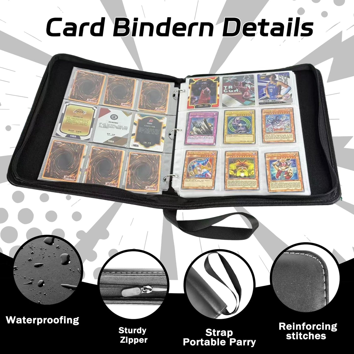 ZYAXWN 9 Pocket Card Binder — 990 Card Capacity, Waterproof PU Leather, Zippered Album with 55 Removable Pages