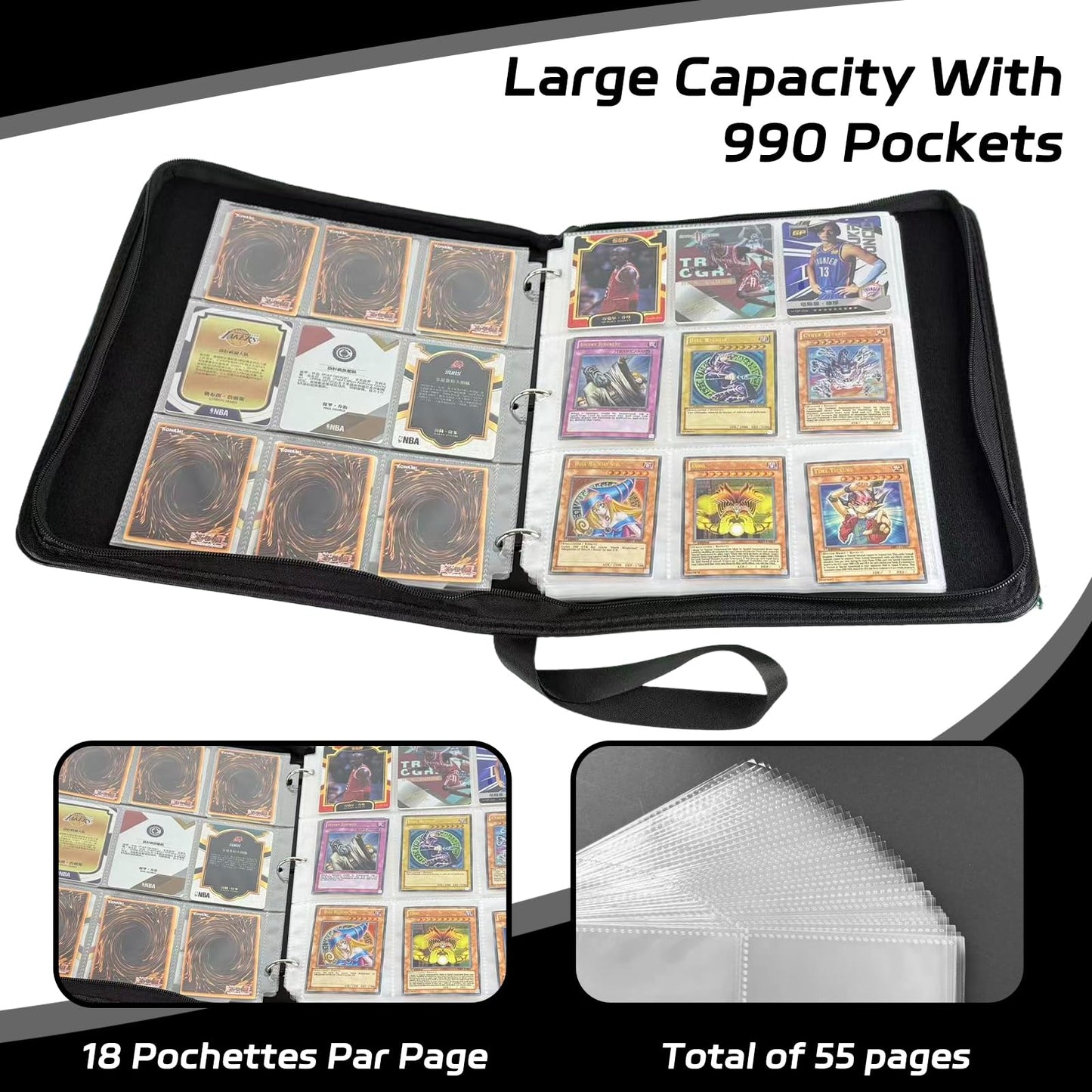 ZYAXWN 9 Pocket Card Binder — 990 Card Capacity, Waterproof PU Leather, Zippered Album with 55 Removable Pages