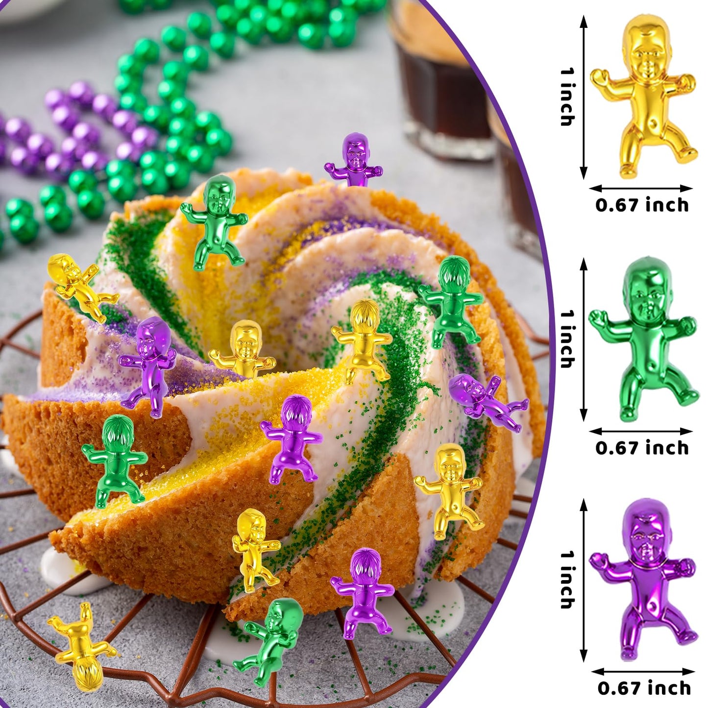 ZYFLSQ 120 Pcs King Cake Babies – 1-Inch Mardi Gras Mini Figures in Purple Green Gold