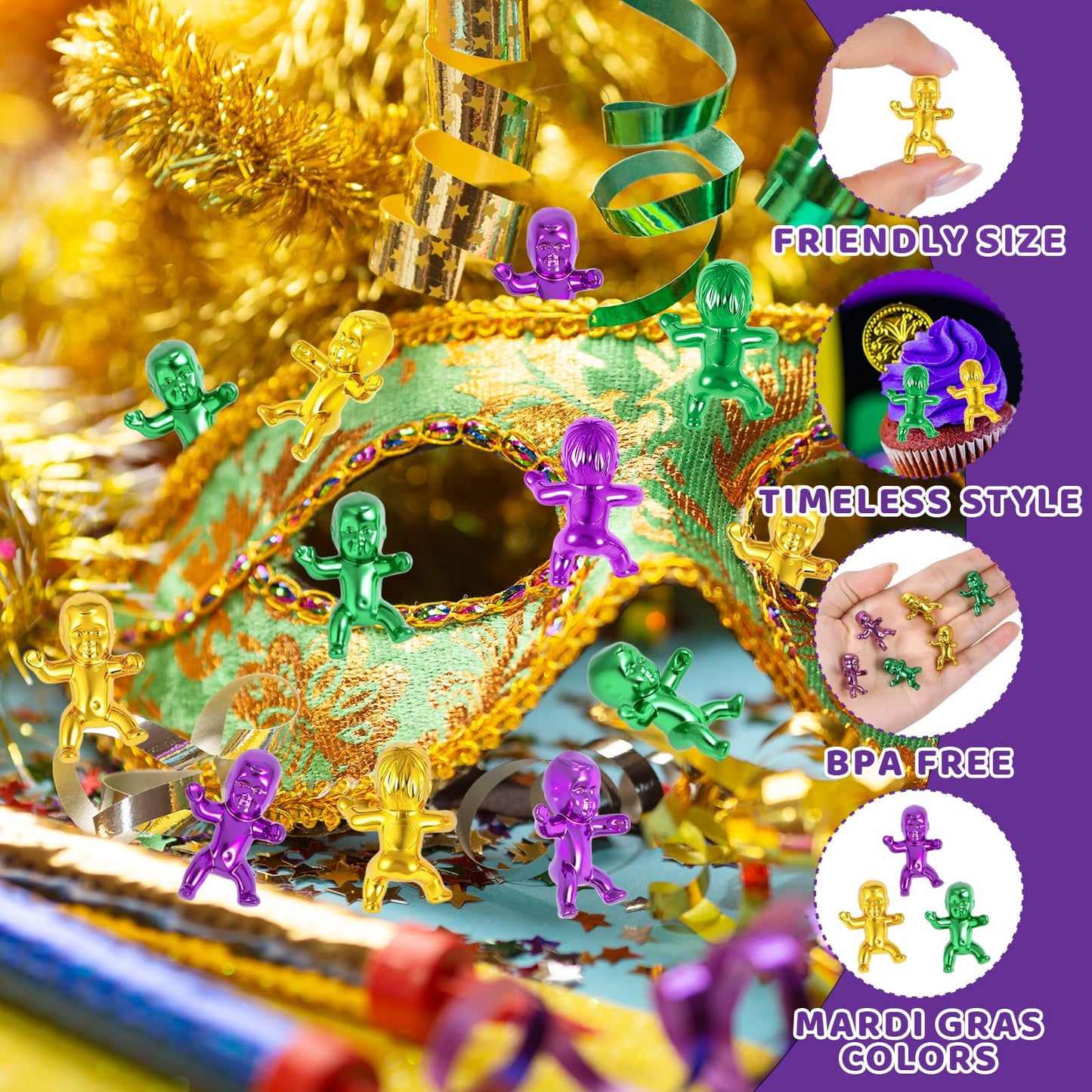 ZYFLSQ 120 Pcs King Cake Babies – 1-Inch Mardi Gras Mini Figures in Purple Green Gold
