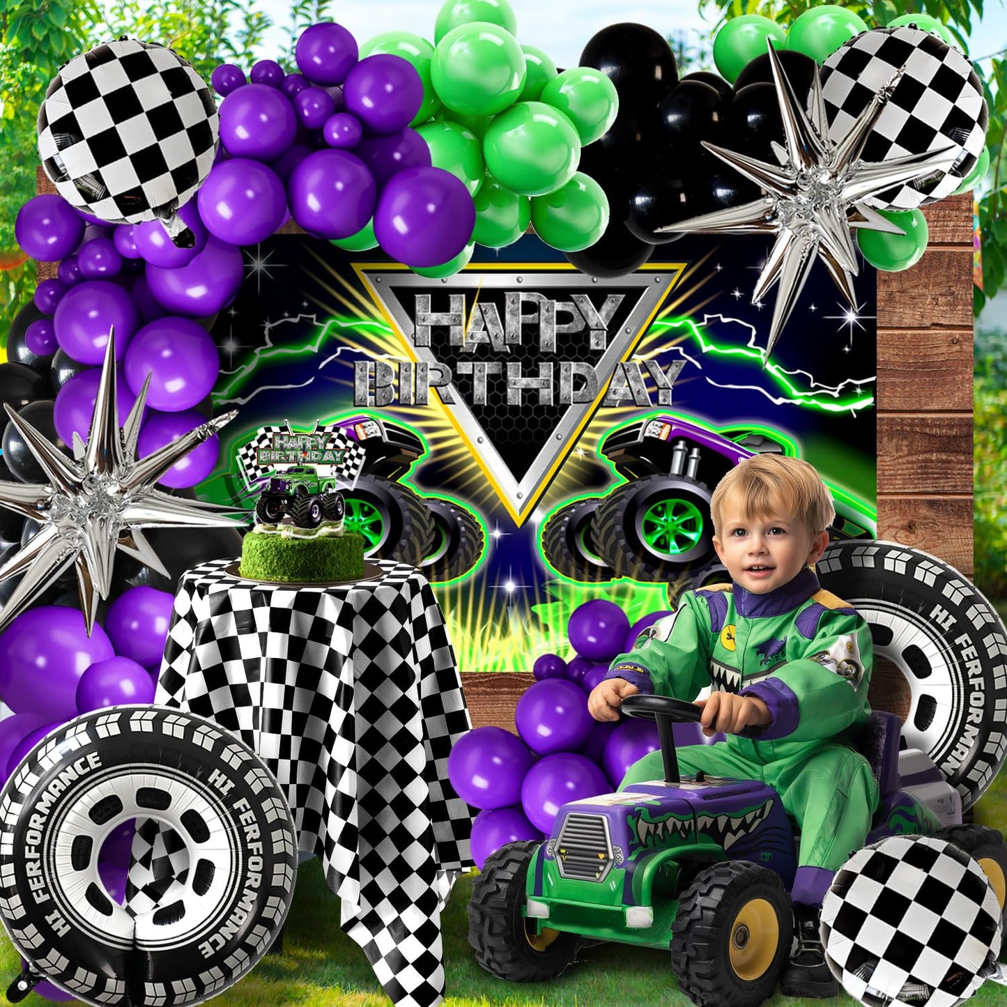 Zylarithon Monster Truck Birthday Decorations – Balloon Arch Kit, Backdrop & Centerpieces