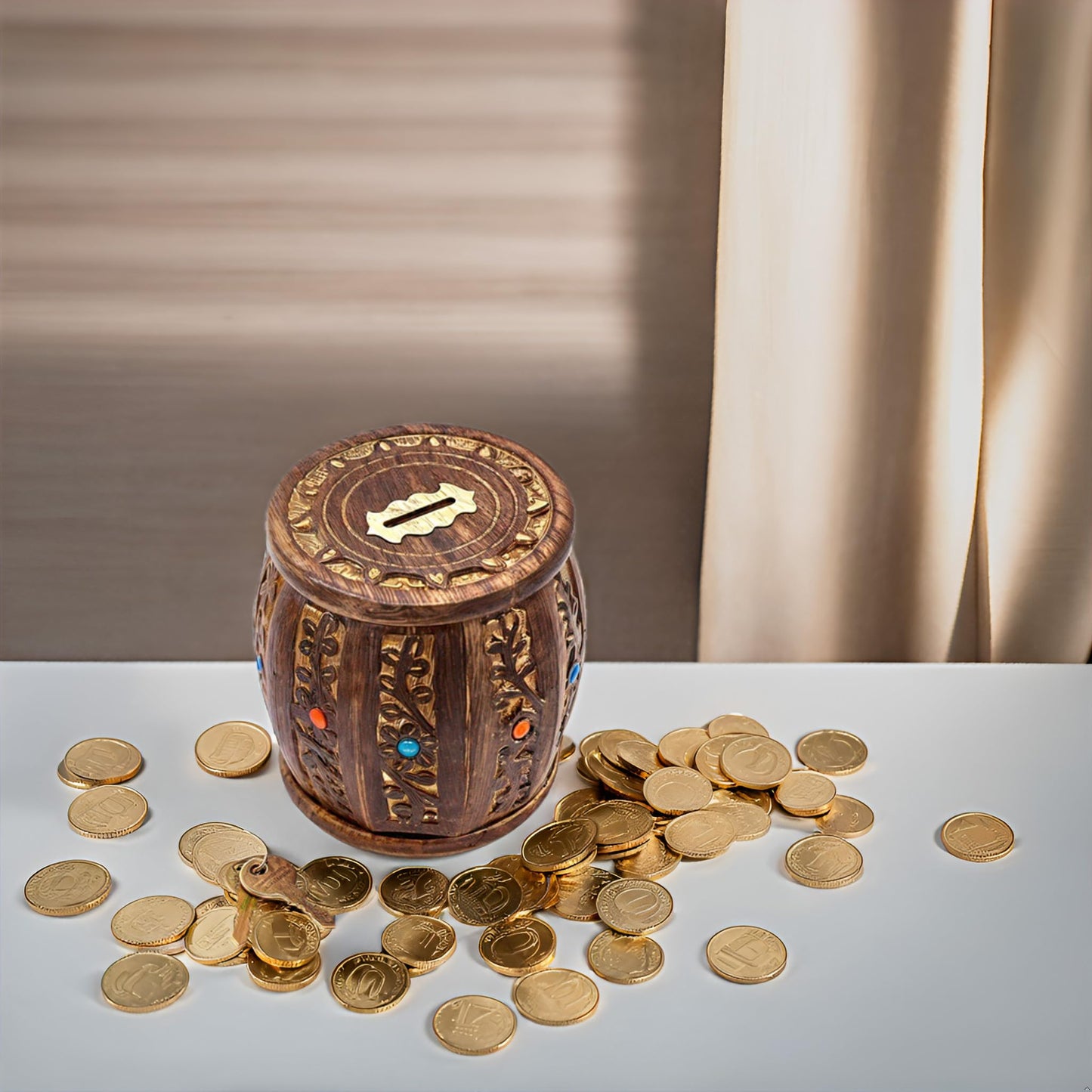 ZYNTIX Wooden Antique Round Lockable Piggy Bank for Kids – Handmade, Secure Money Box