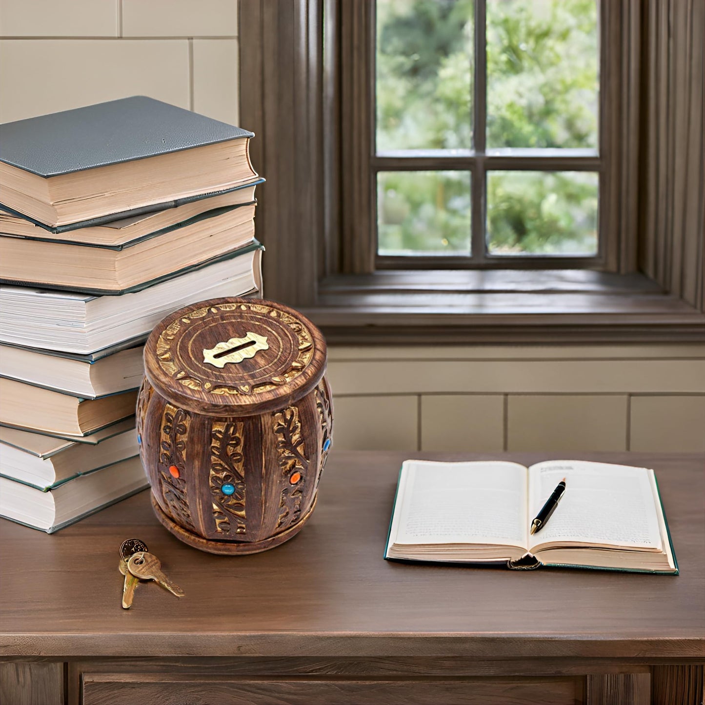 ZYNTIX Wooden Antique Round Lockable Piggy Bank for Kids – Handmade, Secure Money Box
