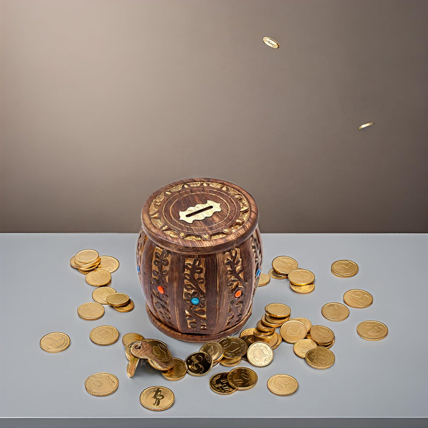 ZYNTIX Wooden Antique Round Lockable Piggy Bank for Kids – Handmade, Secure Money Box