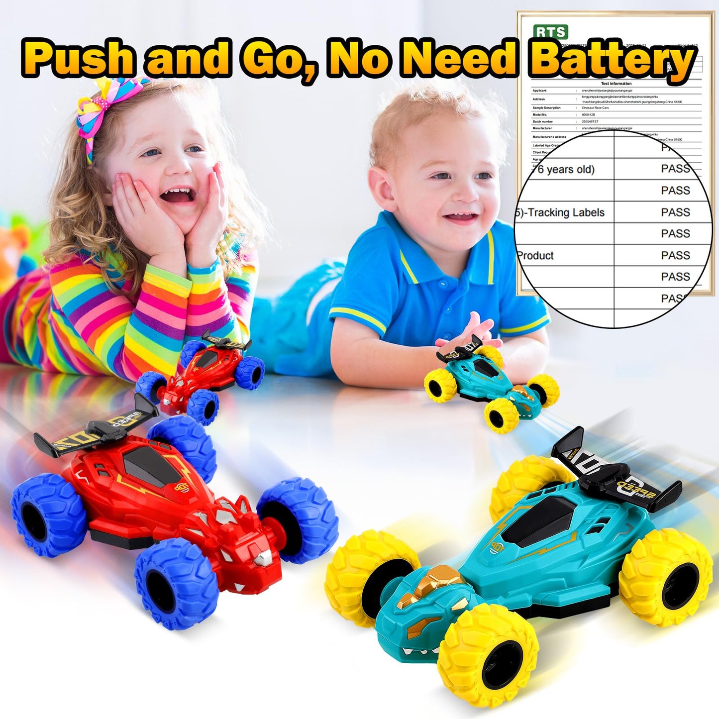 ZYSUN Toddler Monster Truck Toys – Friction Spin 360° Dino Cars (2 Pack) Off‑Road Push & Go